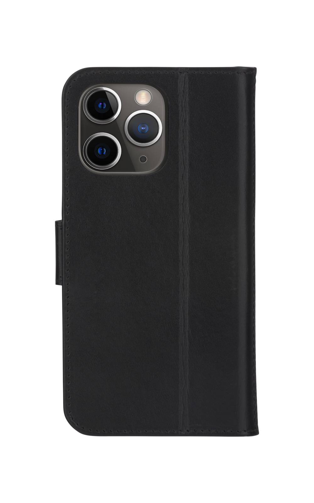 Schwarzes Ledertelefon-Folio-Etui mit Rückfahrtkamera-Ausschnitt, geschlossen auf weißem Hintergrund gezeigt.
