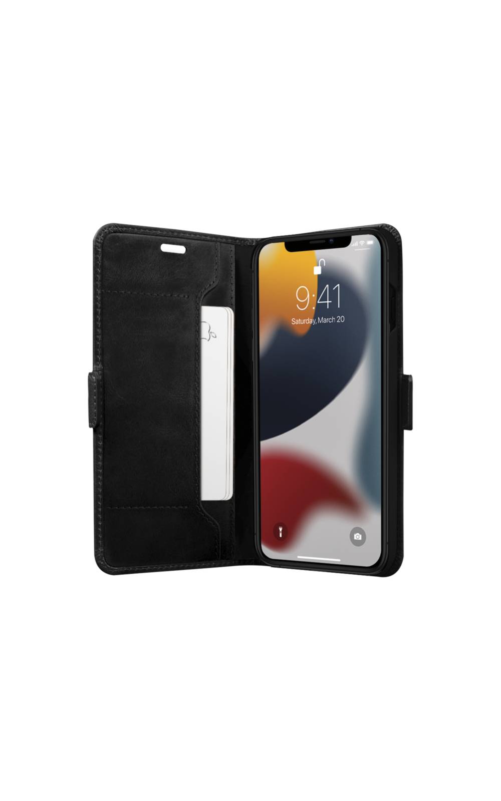 Schwarze Folio-Handyhülle, aufgeklappt, mit einem iPhone auf der rechten Seite und einem Kartensteckplatz auf der linken Seite.