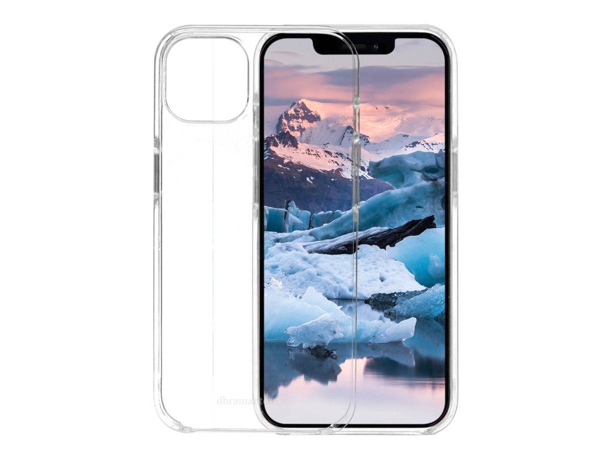 Transparente Handyhülle, gezeigt auf einem iPhone, Vorder- und Rückansicht mit einem Berg- und Eis-Hintergrundbild auf dem Bildschirm.