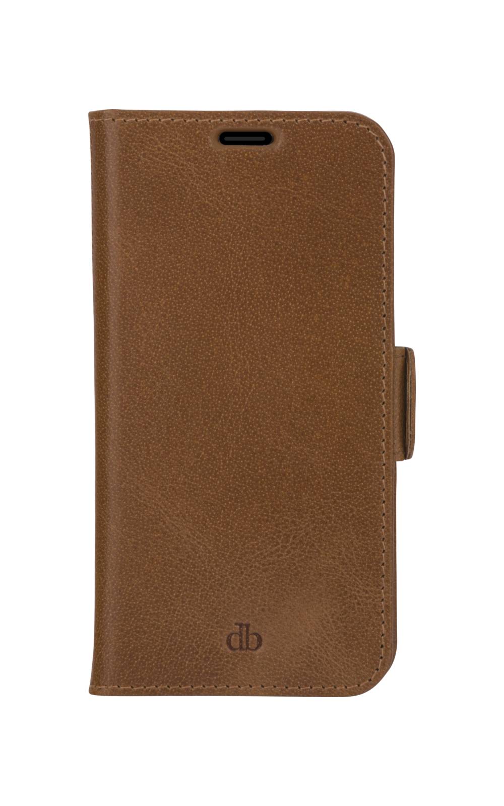 Braunes Leder-Telefonfolioetui mit ausgestanzter Lautsprecheröffnung, seitlichem Tab-Verschluss und geprägtem db-Logo auf der Vorderseite.