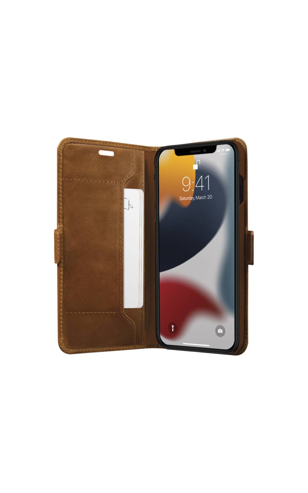 Braune Ledergeldbörsenhülle mit offenenem Telefon, die ein iPhone zeigt, mit Kartensteckplätzen und einer seitlichen Tasche auf der linken Klappe.