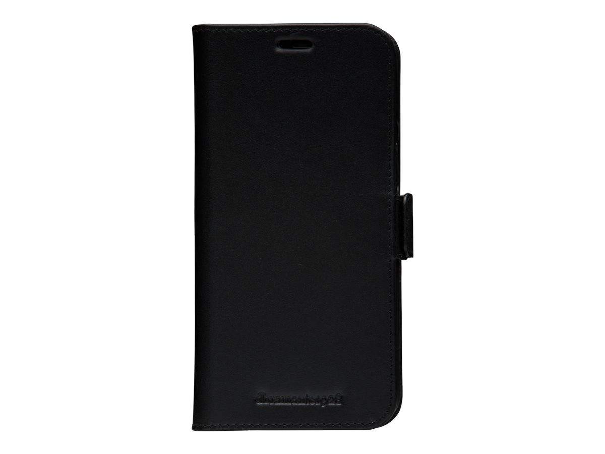 Schwarze Smartphone-Folio-Schutzhülle mit Vorderdeckel und Seitenverschluss, geschlossen auf weißem Hintergrund dargestellt.