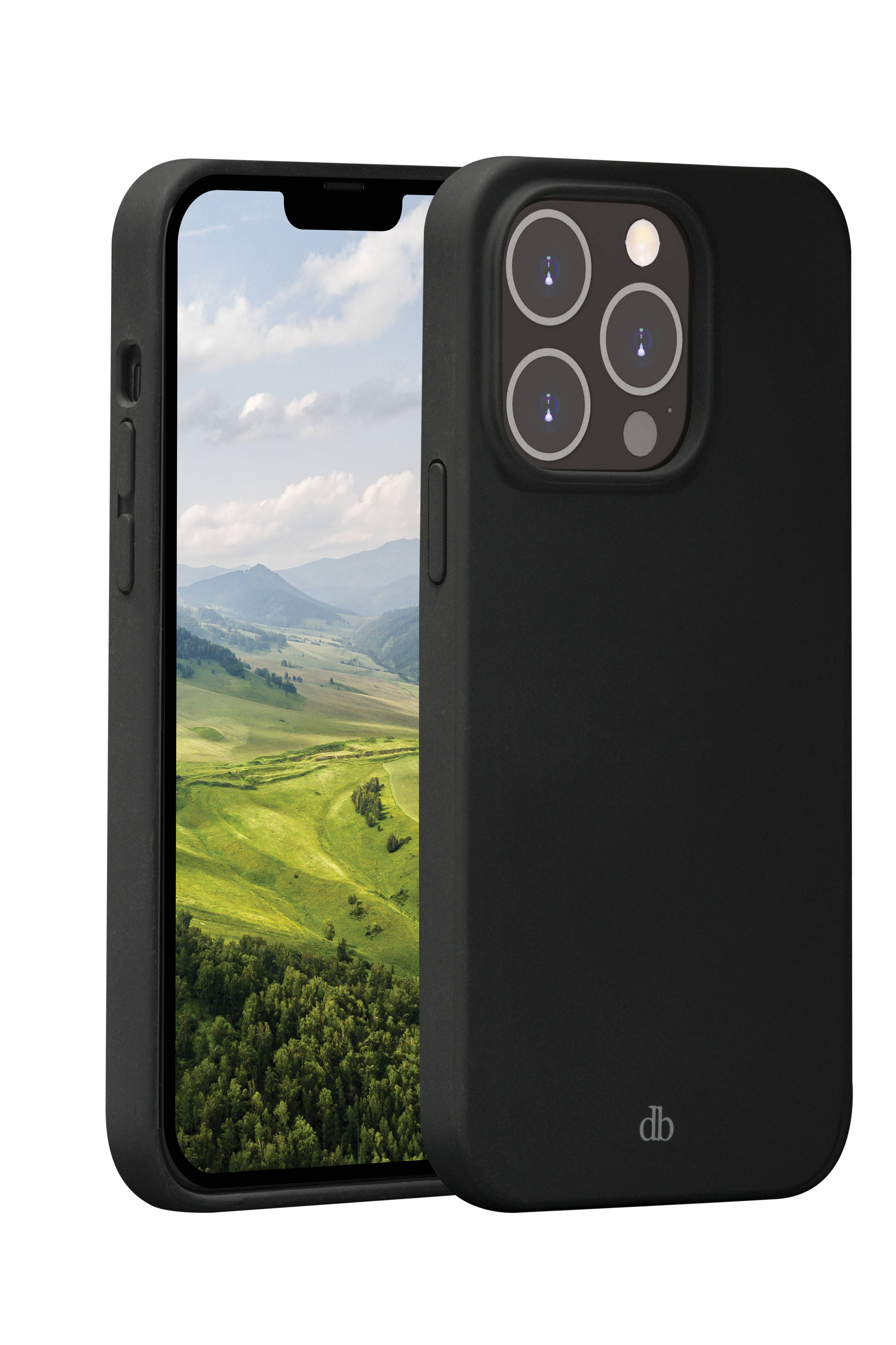 Schwarze Smartphone-Hülle, von vorne und von hinten gezeigt, mit großem Kameraausschnitt und einem Landschaftsfoto auf dem Telefonbildschirm.