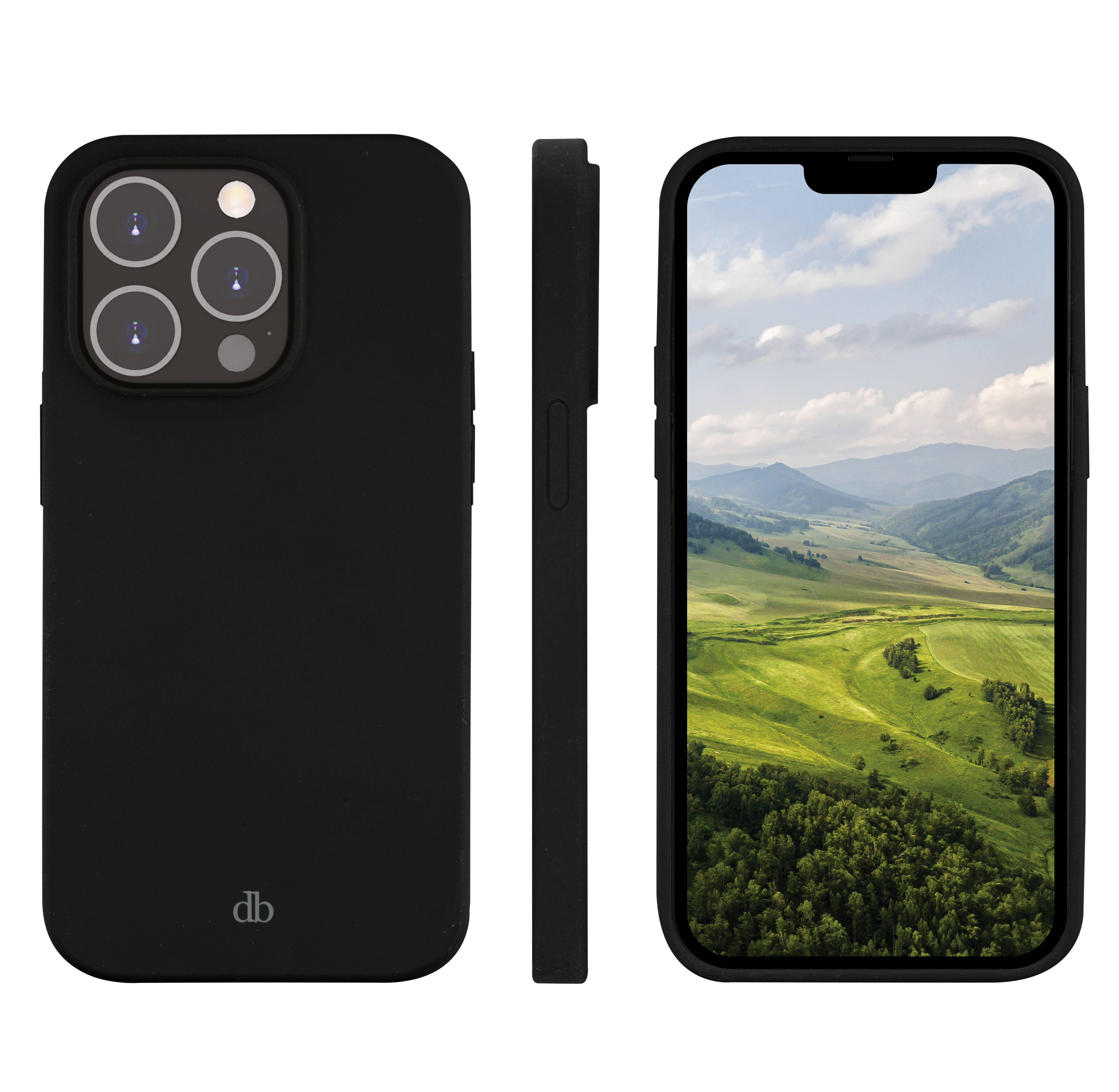 Schwarze iPhone-Hülle von hinten, von der Seite und von vorne gezeigt, mit ausgestanztem Triple-Kamera-Ausschnitt und einer malerischen Berglandschaft auf dem Telefonbildschirm.