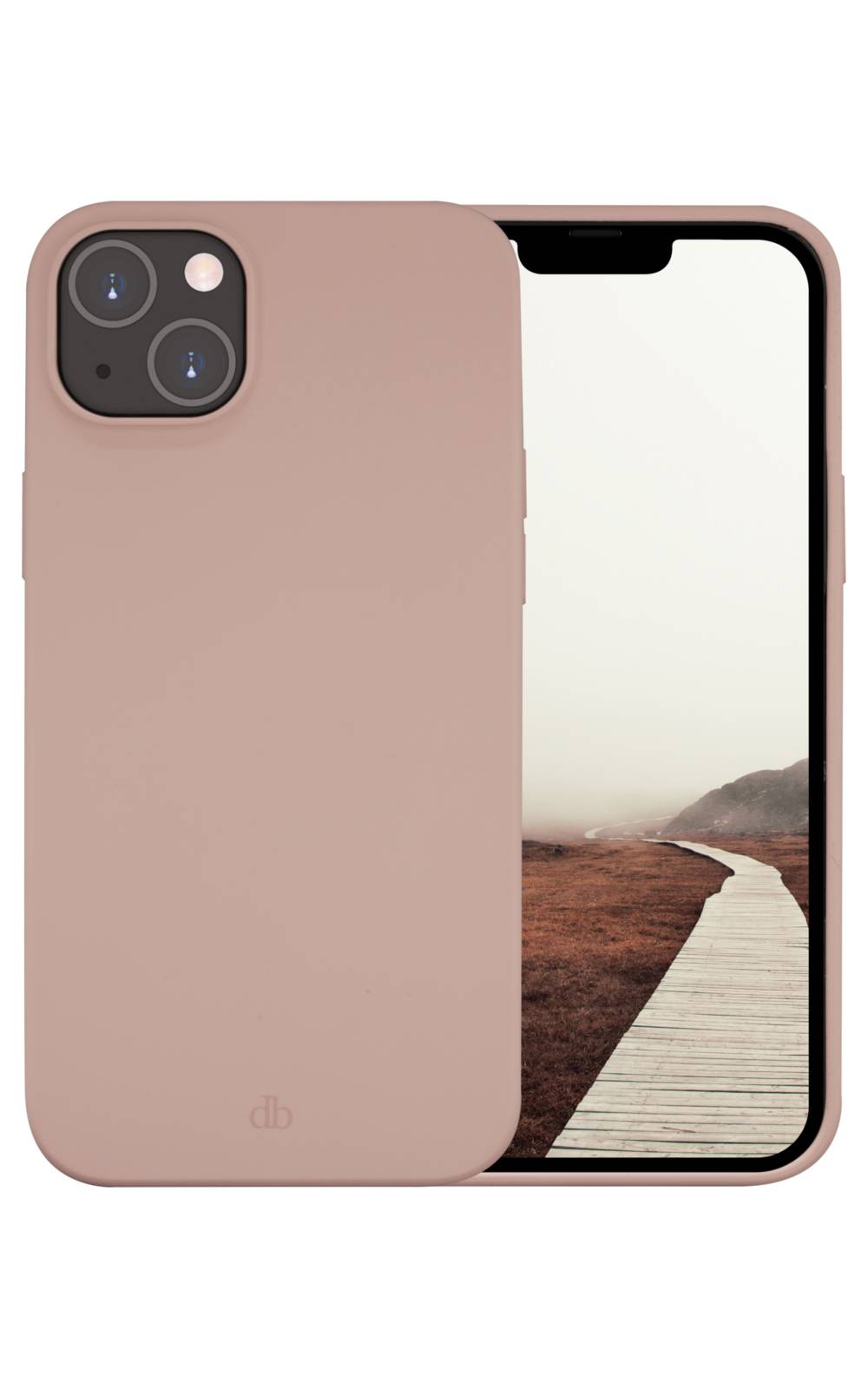 Rosa Smartphone-Schutzhülle von vorne und hinten auf einem iPhone gezeigt, mit einer sichtbaren Landschaftstapete auf dem Bildschirm.