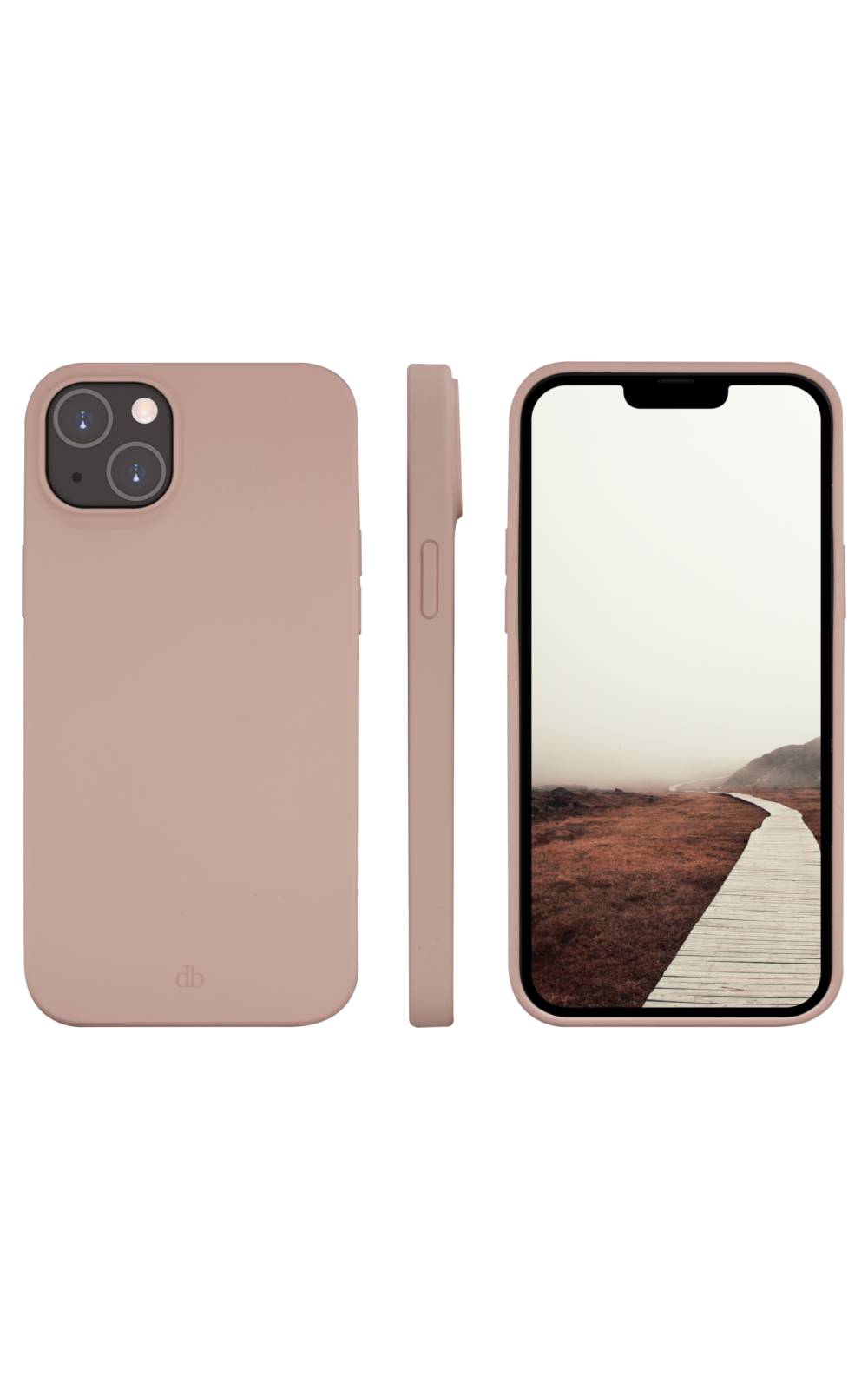 Taupe-Handyhülle gezeigt von hinten, von der Seite und von vorne auf einem iPhone, mit einer Kameraaussparung und Holzsteg-Hintergrundbild, das auf dem Bildschirm sichtbar ist.