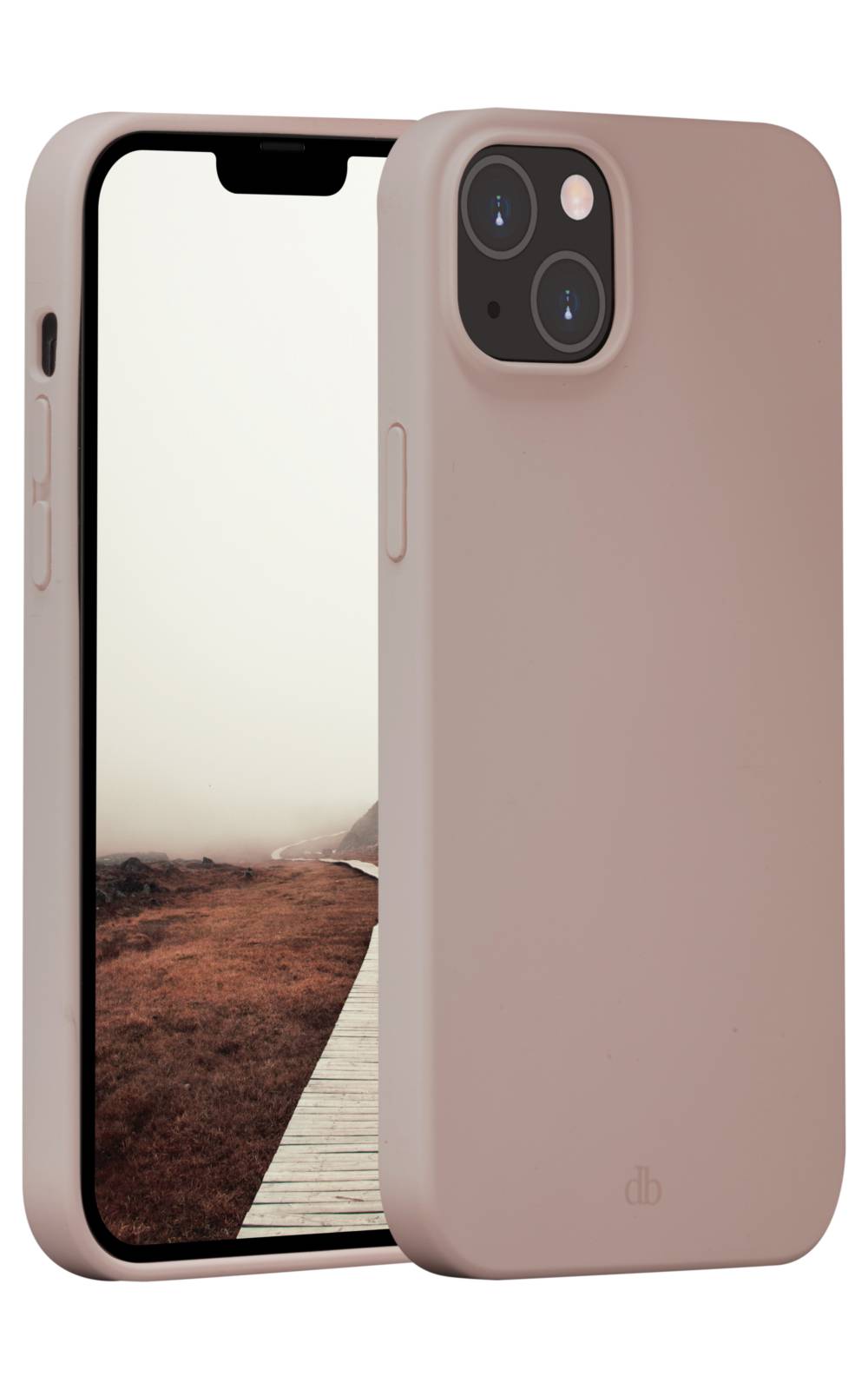 Zwei taupefarbene Smartphone-Hüllen, von vorne und hinten an einem Telefon gezeigt, wobei die Vorderseite eine Landschaftstapete und eine obere Kerbe anzeigt.