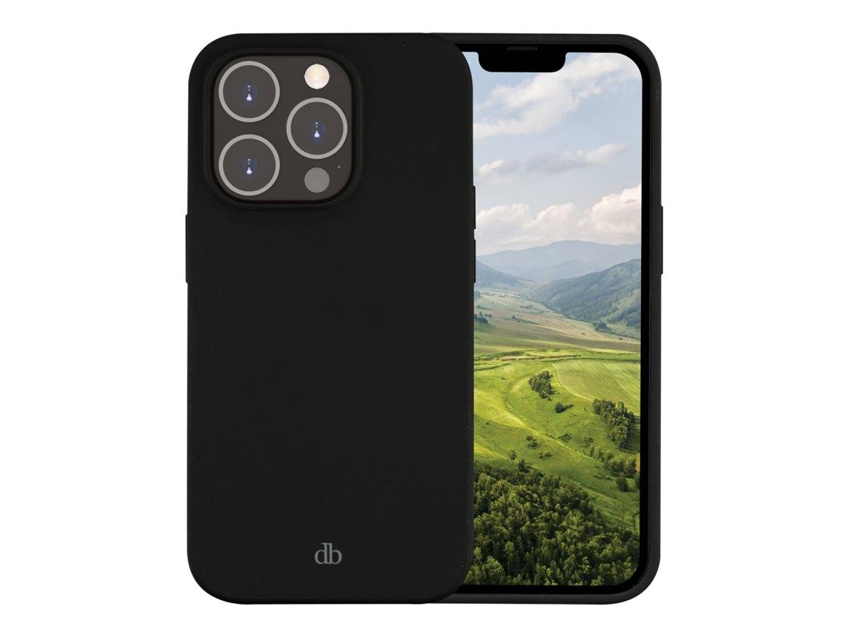Schwarze Smartphone-Hülle von vorne und hinten gezeigt, mit ausgeschnittenem Triple-Kamera auf der Rückseite und einem Telefondisplay mit grüner Berglandschaft.