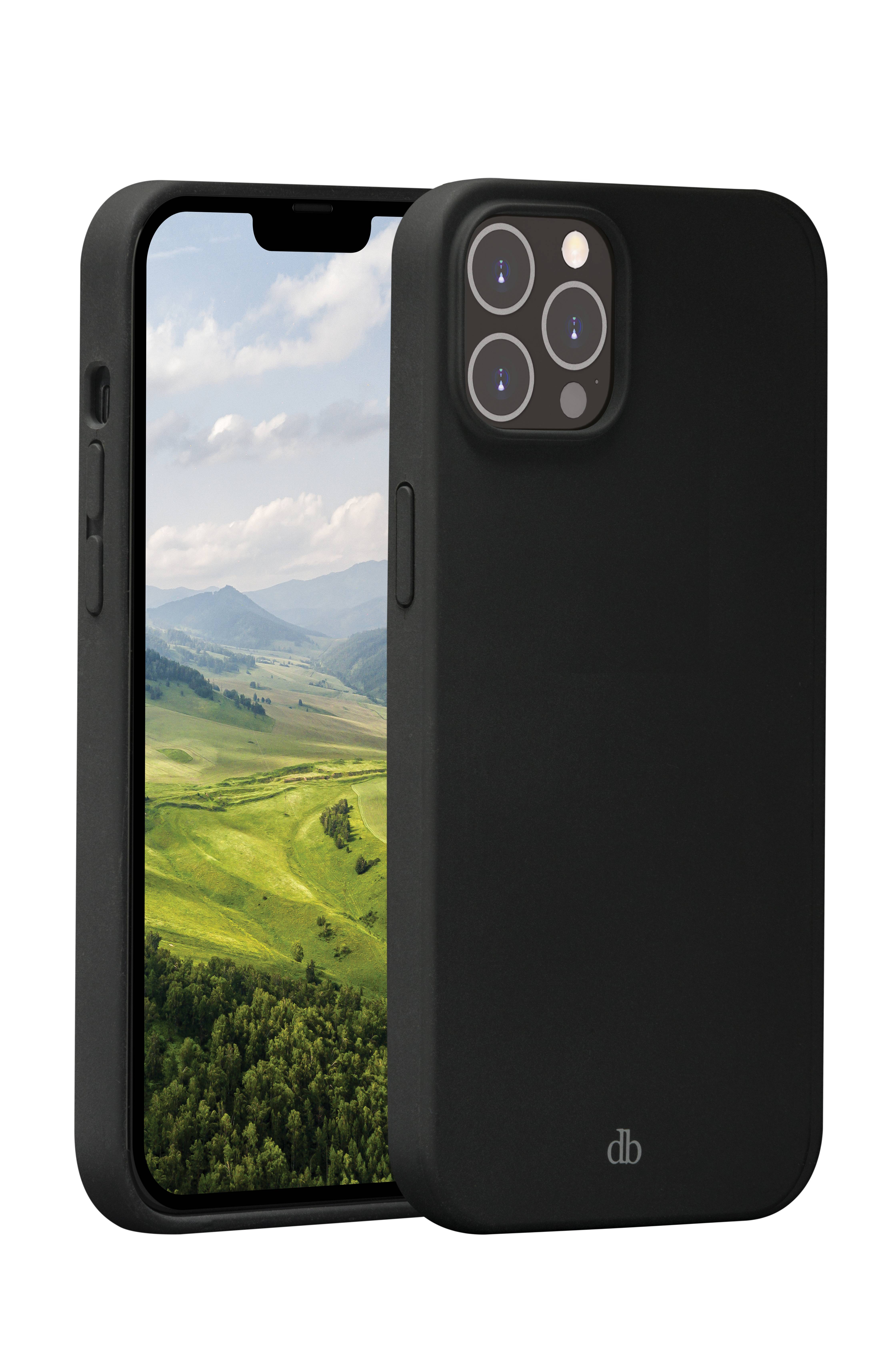 Schwarze Smartphone-Schutzhülle mit erhöhtem Kameraausschnitt, gezeigt in Front- und Rückansicht auf einem Telefon, das eine grüne Berglandschaft anzeigt.