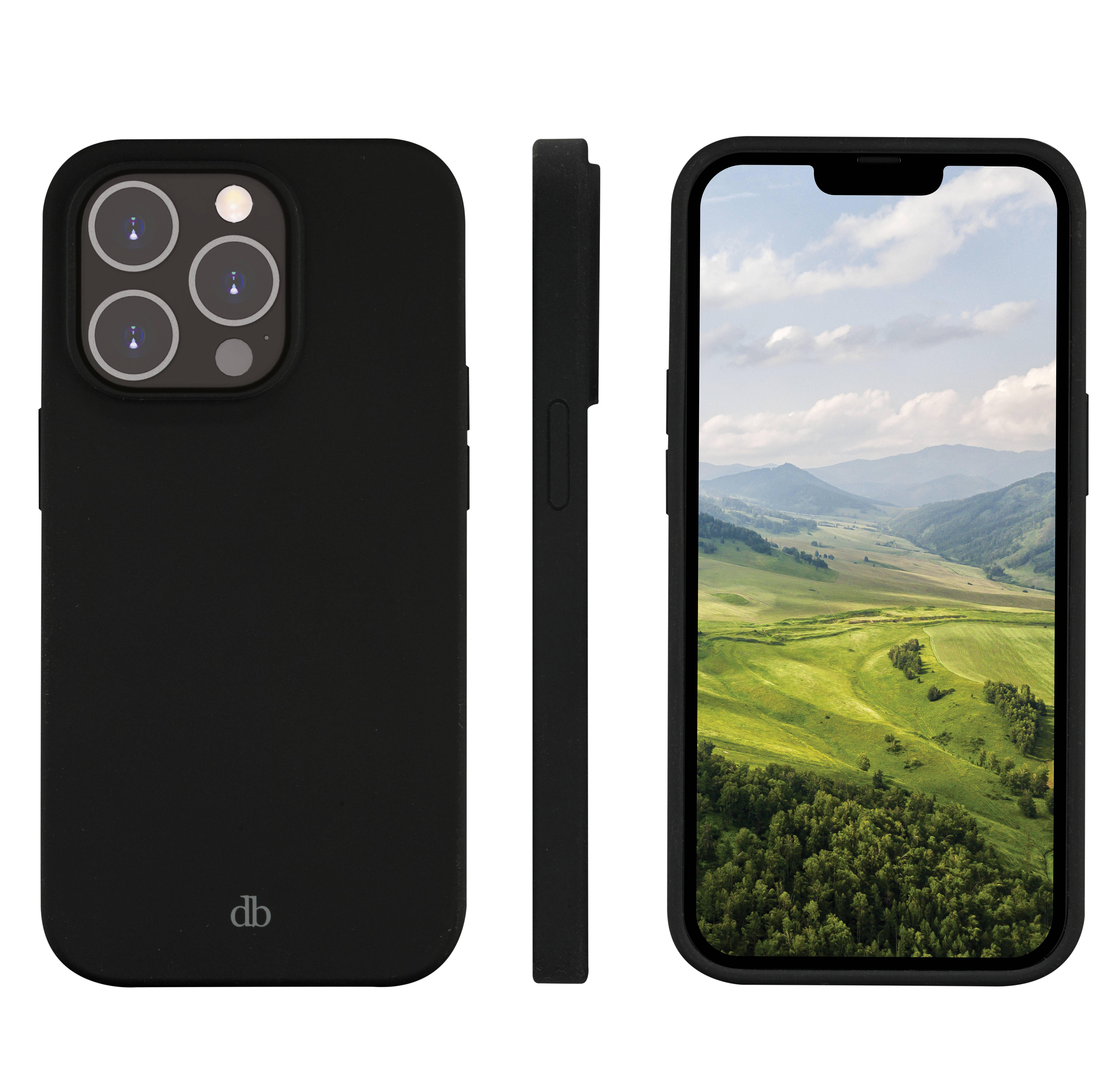 Schwarze Smartphonehülle, von hinten, von der Seite und von vorne gezeigt, mit erhöhtem Dreifach-Kameraausschnitt und einem Telefonbildschirm, der eine grüne Bergtallandschaft anzeigt.