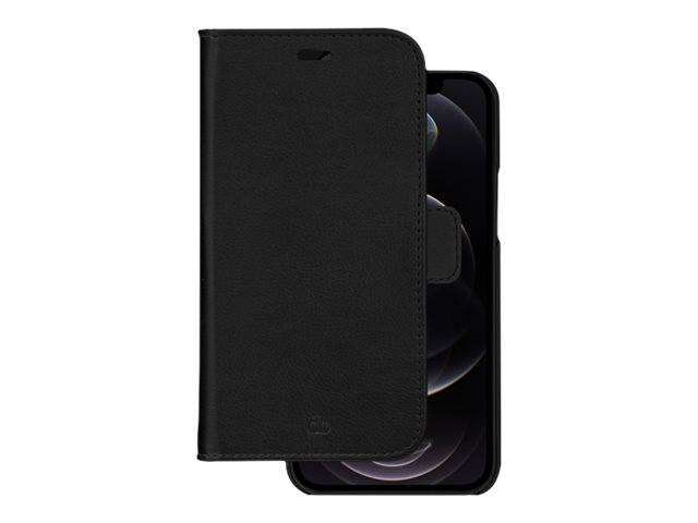 Schwarze Folio-Stil-Handyhülle mit teilweise geöffnetem Frontdeckel, der einen Smartphone-Bildschirm im Inneren zeigt.