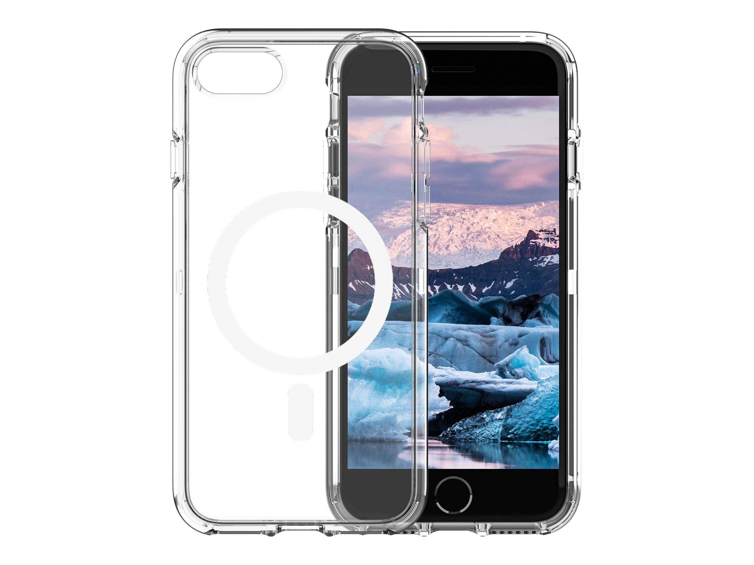 Transparente Handyhülle, die auf einem iPhone gezeigt wird, Vorder- und Rückansicht, die eine klare Schutzabdeckung mit großem kreisförmigen MagSafe-ähnlichen Ring-Outline anzeigt.