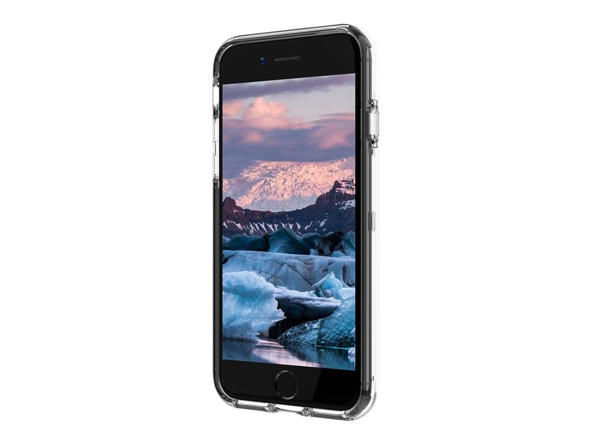 Schwarzes Smartphone in einer durchsichtigen Schutzhülle, auf dem eine Gletscherlandschaft angezeigt wird, vor einem weißen Hintergrund dargestellt.