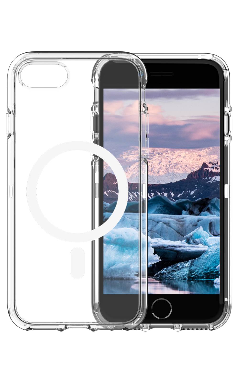 Klare Schutzhülle für Smartphone mit erhöhten Stoßkantenkanten und transparenter Rückseite.