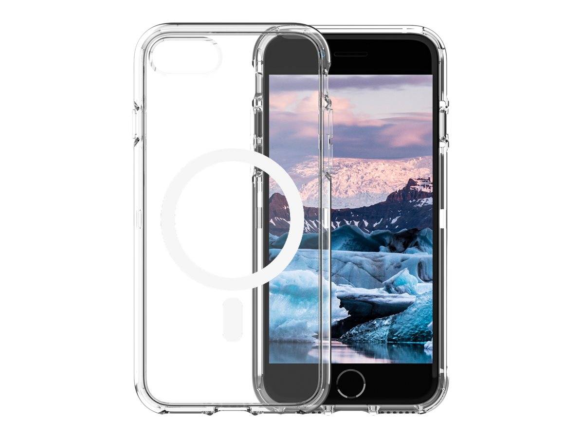 Transparente Schutzhulle für Smartphones in Front- und Rückansicht, angebracht über einem iPhone mit Gletscherlandschaft auf dem Bildschirm.