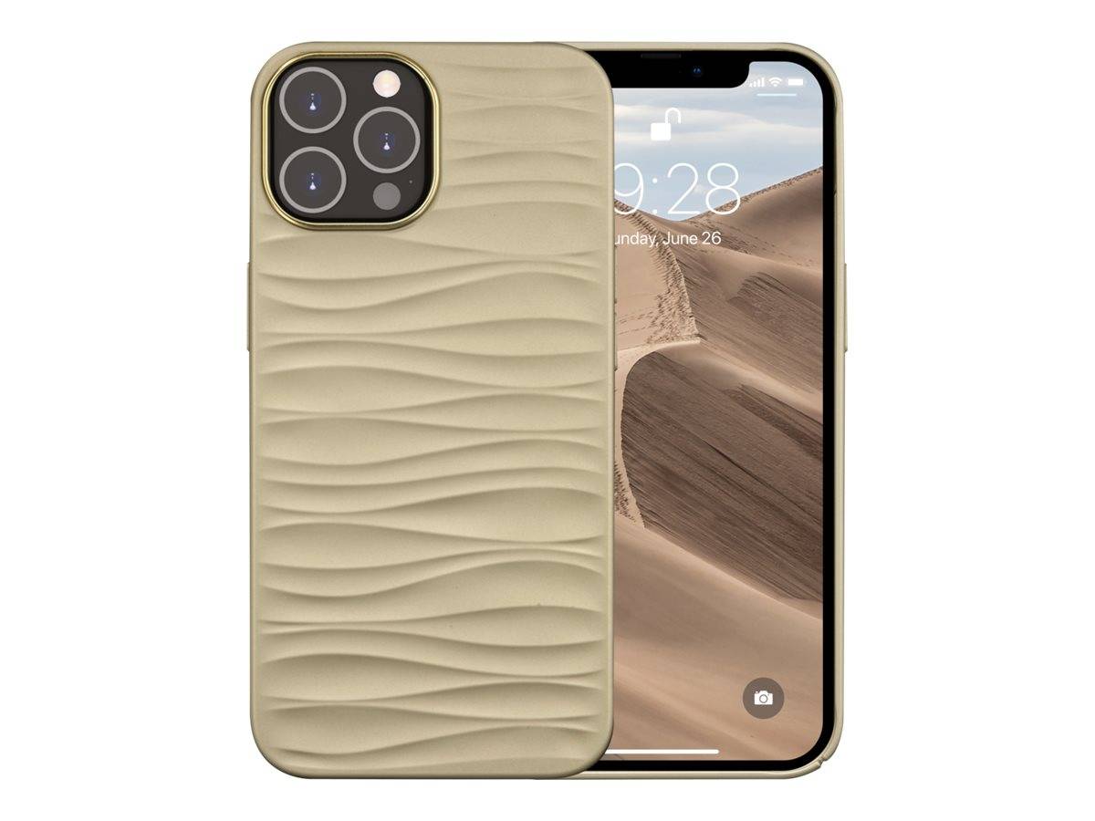 Goldene Schutzhülle mit strukturierter Oberfläche, dargestellt auf einem iPhone, mit sichtbarem Kameraloch auf der Rückseite und sichtbarem Vorderbildschirm.