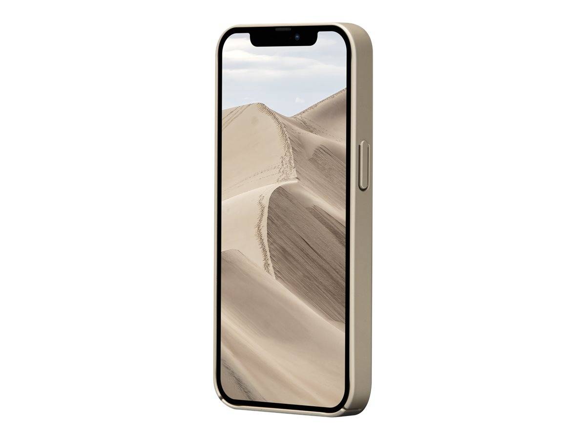 Ein beiges Smartphone in Seitenansicht, das Wüstensanddünen auf dem Bildschirm anzeigt.