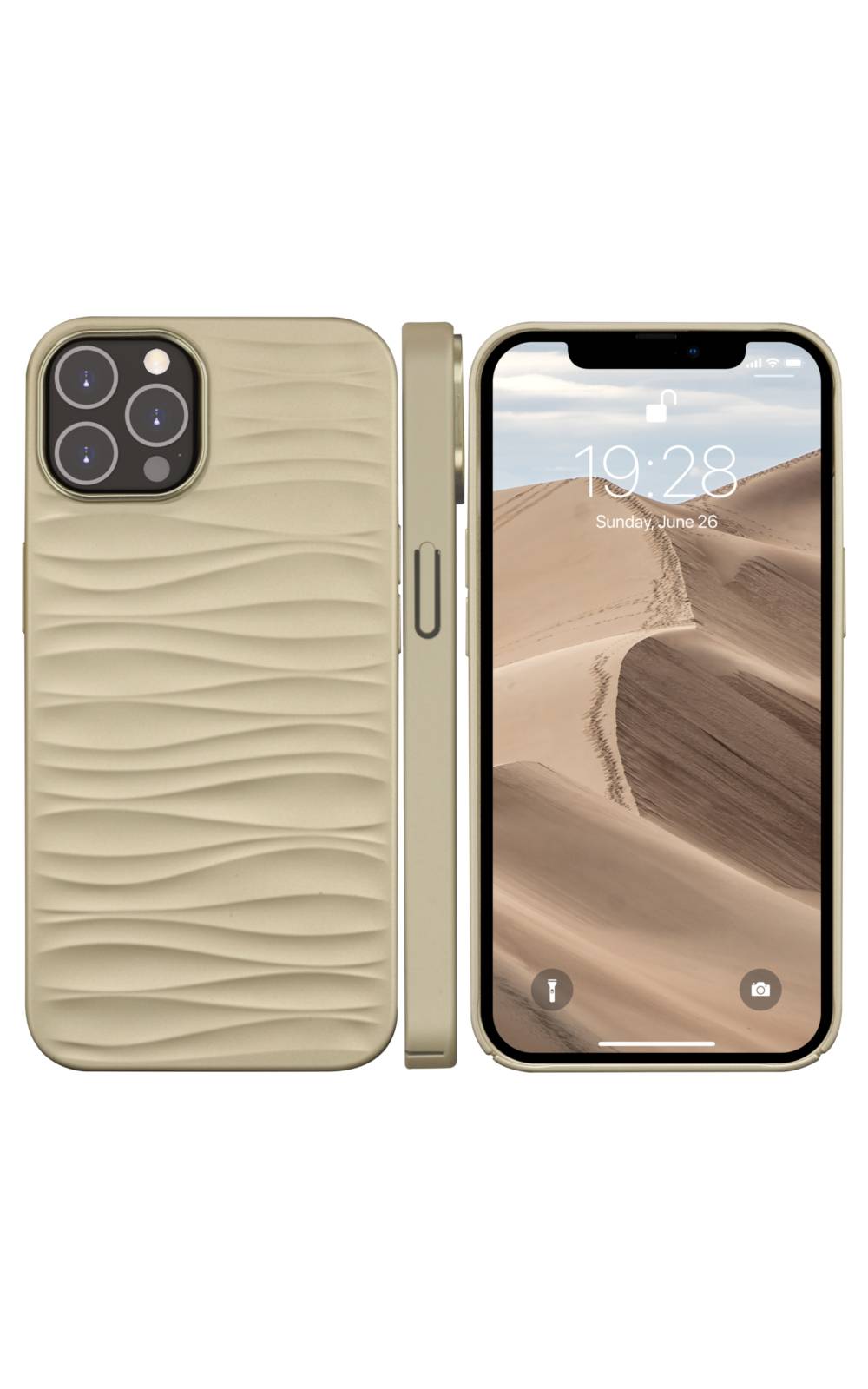Goldenes iPhone-Etui mit gewellter Textur, gezeigt von hinten, von der Seite und von vorne, mit Kameraausschnitt und einem Telefon, das ein Wüstenhintergrundbild anzeigt.