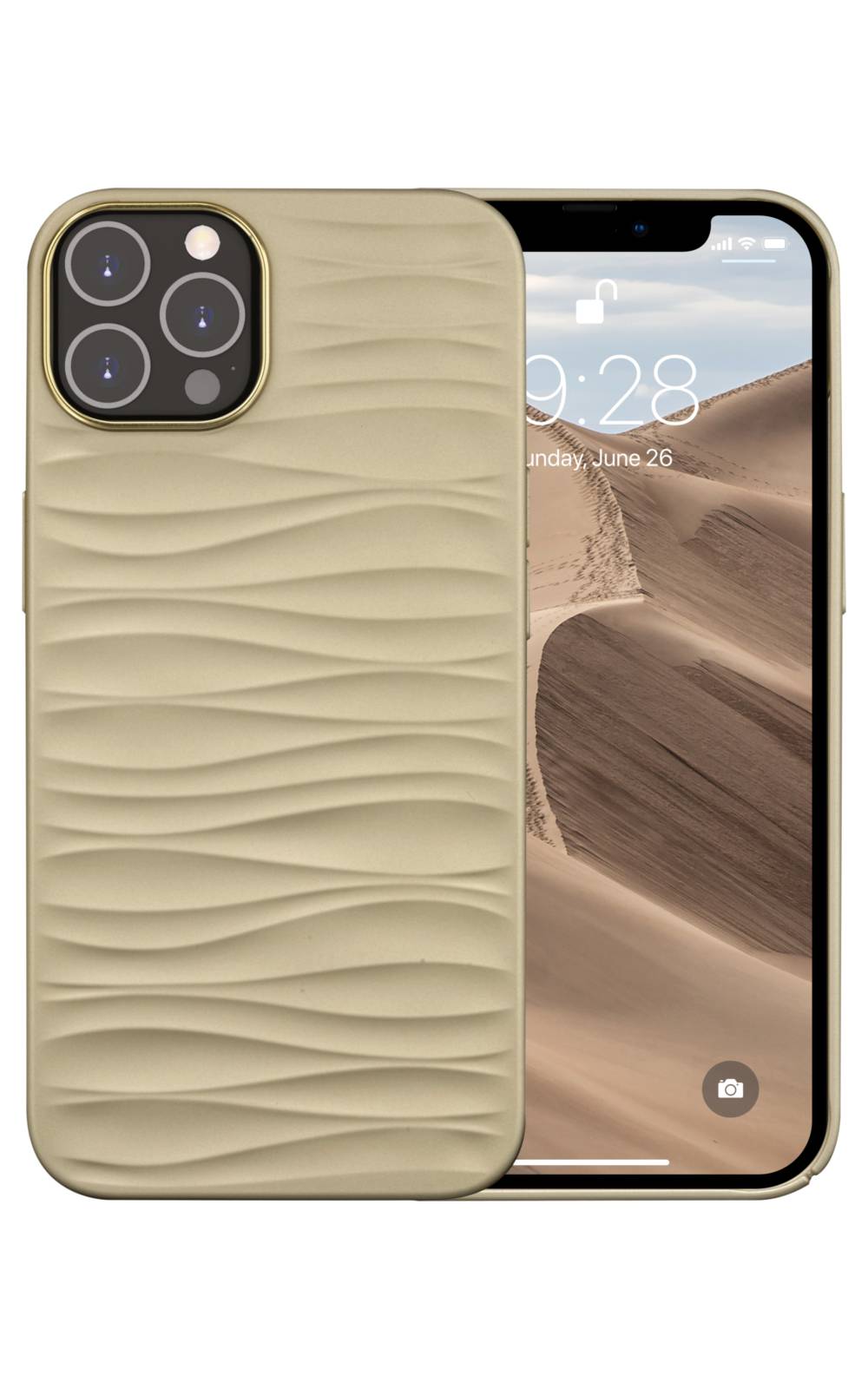 Goldenes Smartphone mit einer gewellten strukturierten Schutzhülle, von vorne und von hinten gezeigt, mit dreifachem Kameraausschnitt auf der Rückseite und Wüsten-Hintergrundbild auf dem Bildschirm.
