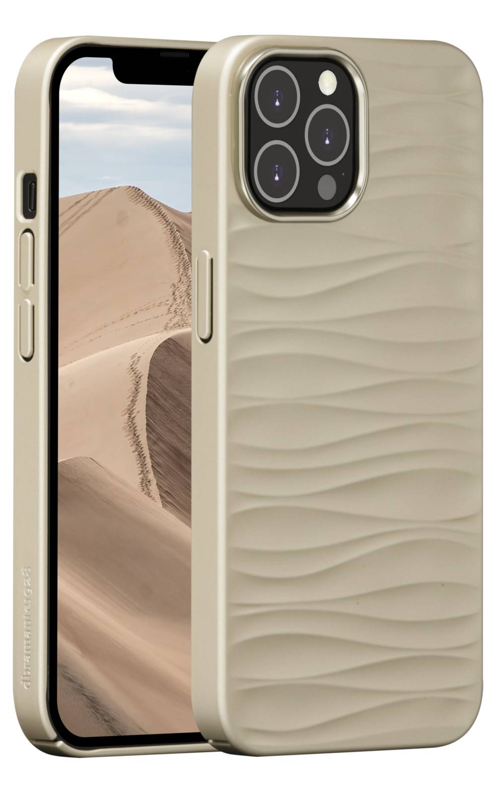 Gold-iPhone mit Wüstendünen-Hintergrundbild, von vorne und hinten in einer strukturierten beigen Schutzhülle mit erhöhtem Kameraausschnitt gezeigt.