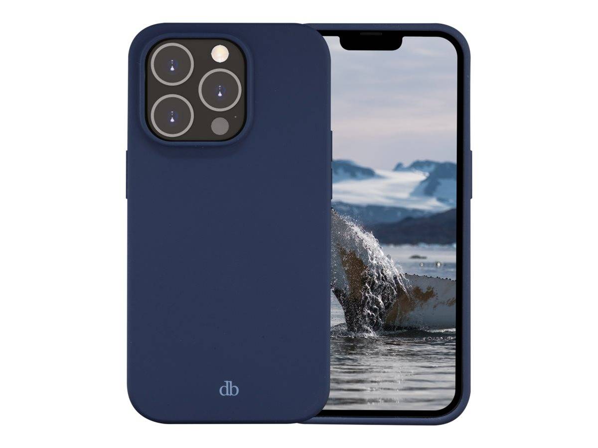 Blaue Smartphone-Hülle, die von hinten und auf einem Telefonbildschirm gezeigt wird, mit einem dreifachen Kameraausschnitt und kleinem 