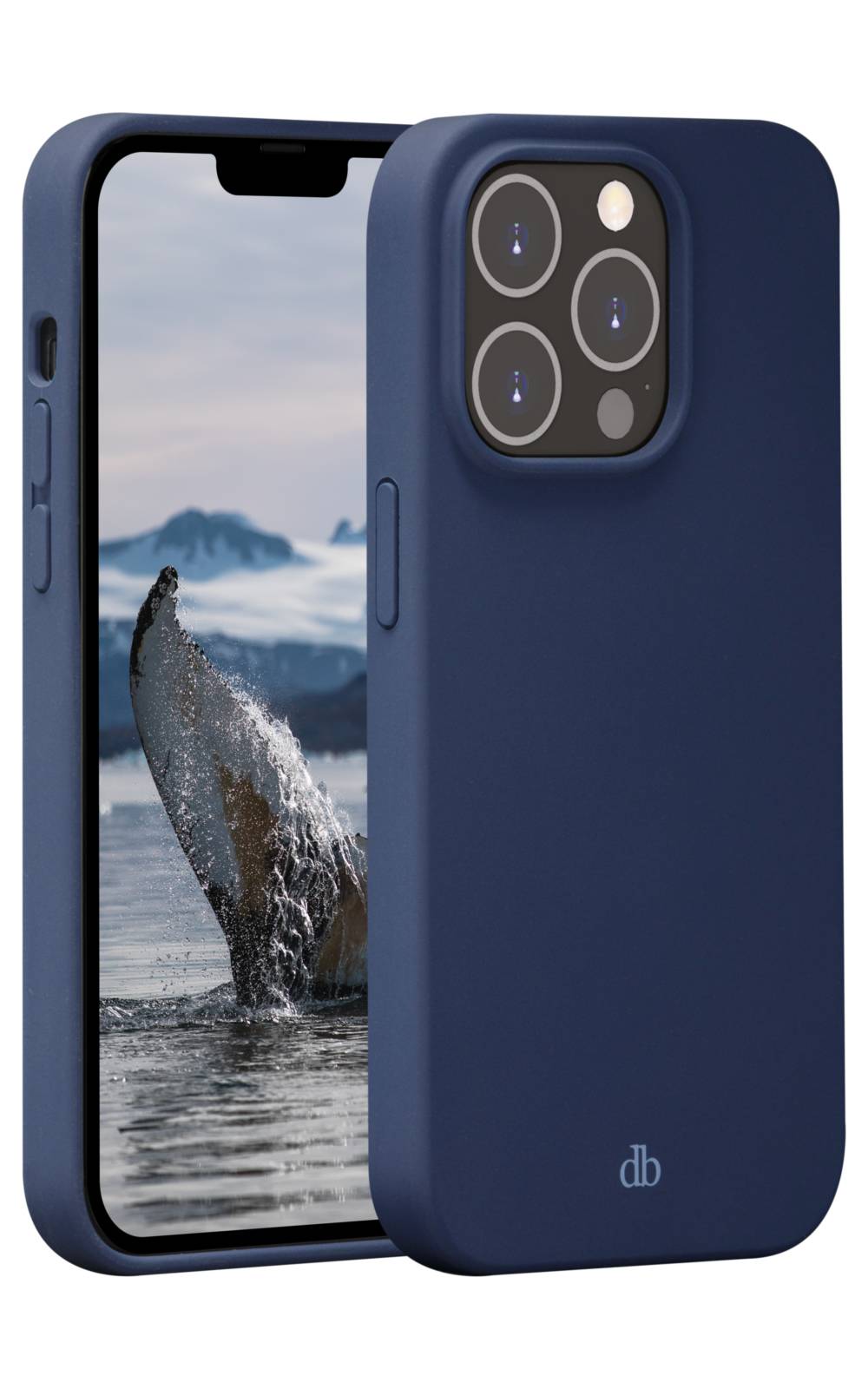Zwei dunkelblau Smartphone-Hüllen von vorne und hinten gezeigt, wobei der vordere Bildschirm einen aus dem Wasser aufbrechenden Wal in eisigem Wasser anzeigt.
