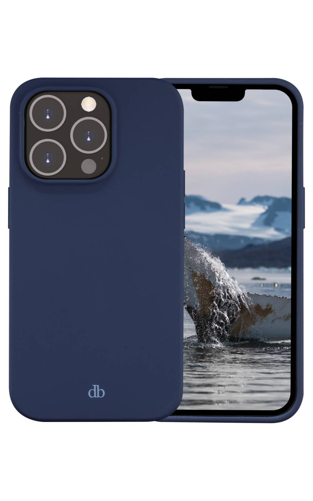 Blaue Smartphone-Schutzhülle, die auf der Rück- und Vorderseite eines iPhones gezeigt wird, mit ausgeschnittenem Doppelkamera-Modul und kleinem „db