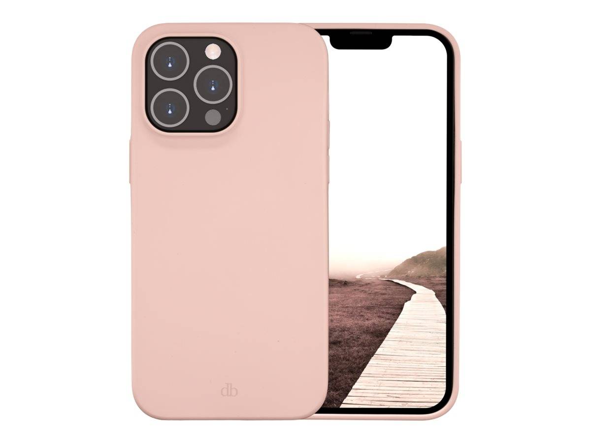 Rosa Smartphone-Hülle von vorne und hinten gezeigt, mit dreifacher Kameraaussparung auf der Rückseite und einem Telefonbildschirm, der eine Pfadlandschaft anzeigt.
