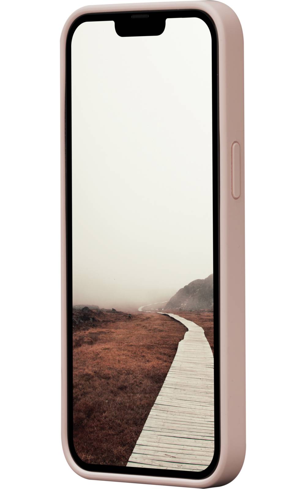 Smartphone mit einem landschaftlichen Hintergrundbild einer Holzsteganlage, die sich durch eine neblige Küstenlandschaft schlängelt.