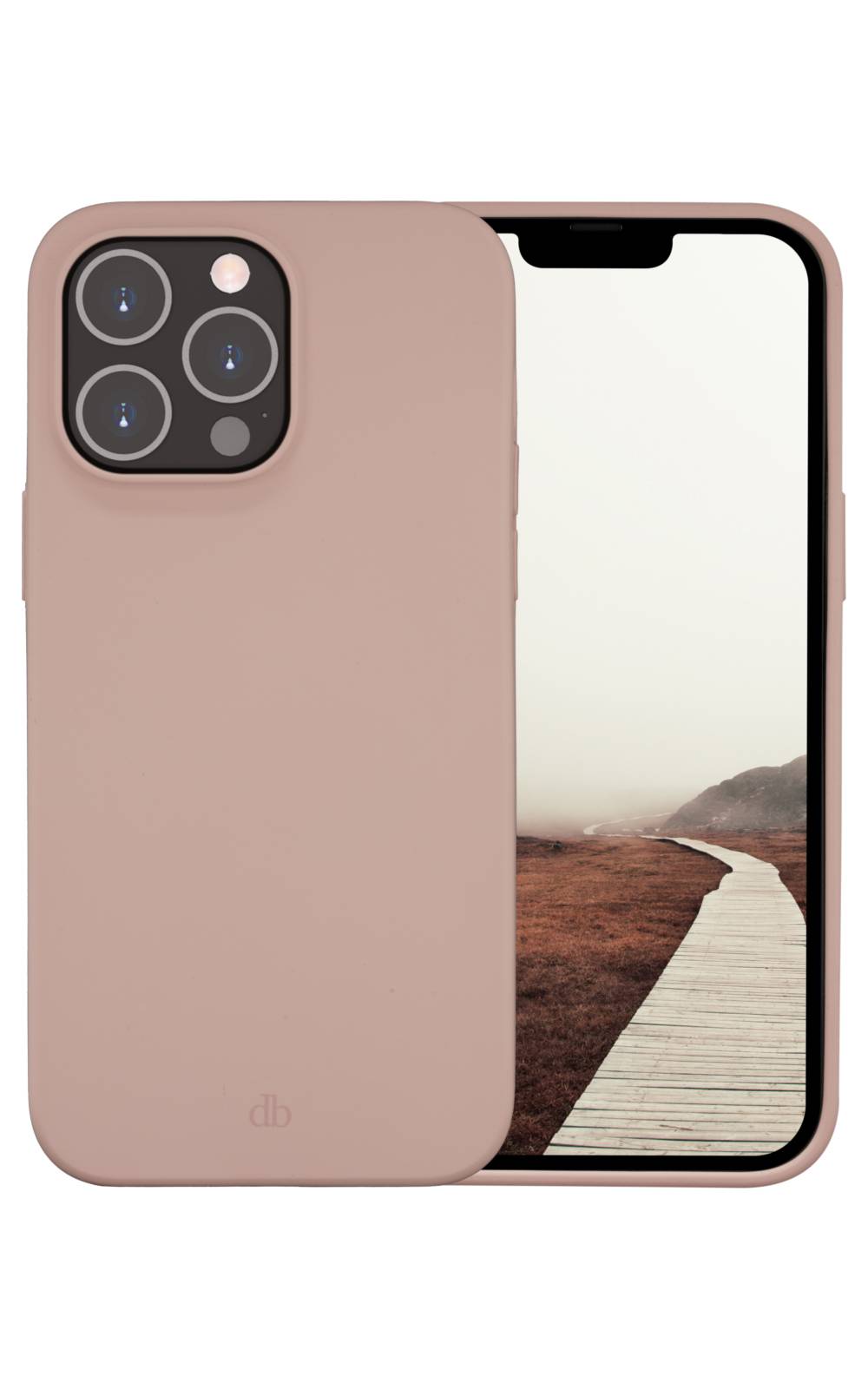 Rückseite eines roségoldenen iPhones mit einer taupefarbenen Hülle neben einer Vorderansicht mit einem Strandpromenaderlandschafts-Hintergrundbild.
