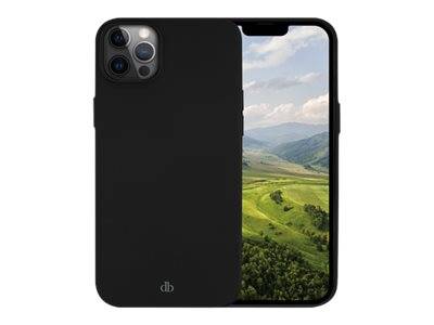 Schwarze Smartphone-Hülle, die auf einem iPhone gezeigt wird, mit sichtbarem Frontdisplay, das eine grüne Berglandschaft anzeigt.