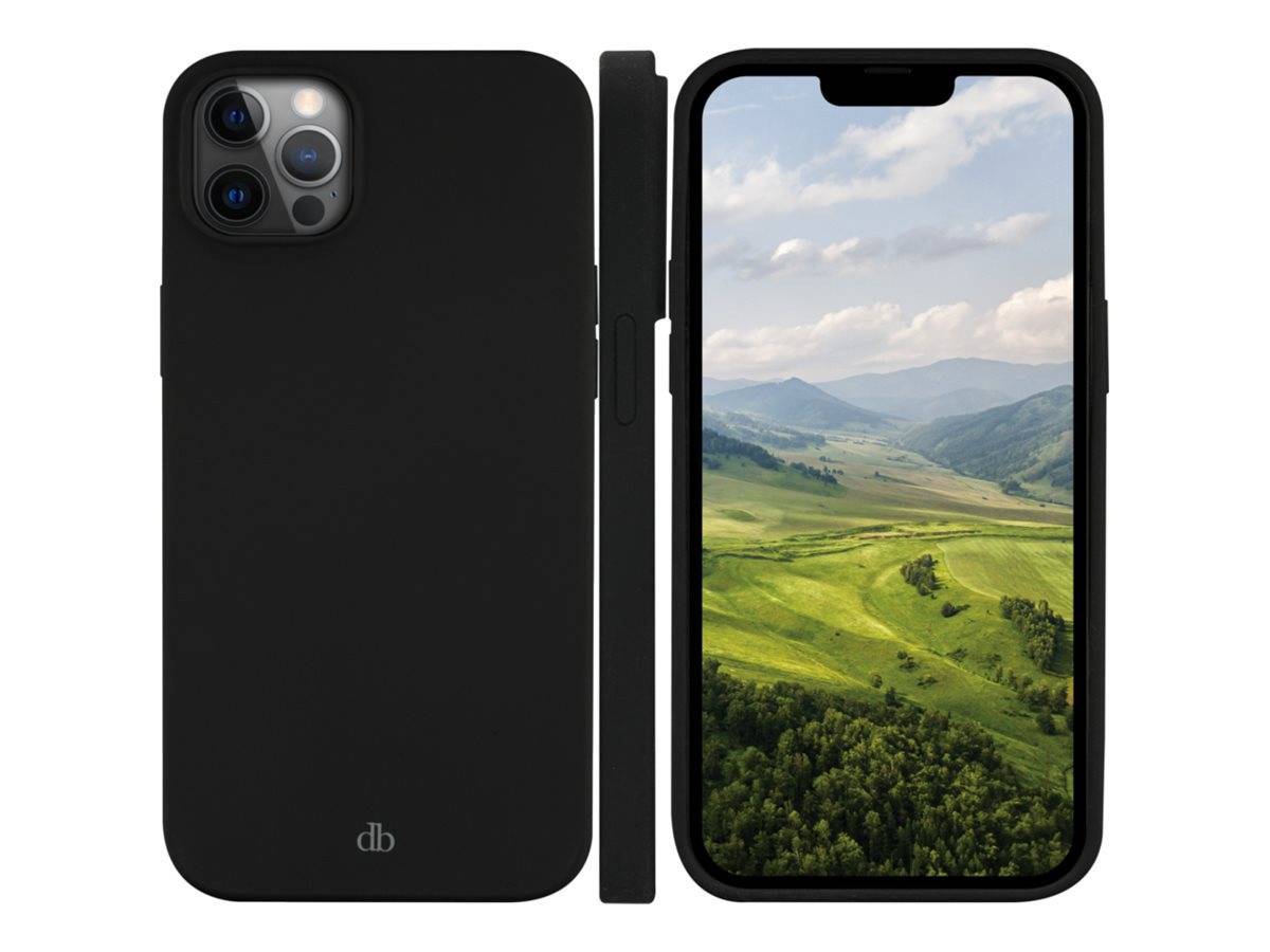Schwarze Smartphone-Schutzhülle von vorne und hinten gezeigt, mit dreifachem Kameraausschnitt und einer Telefonanzeige, die eine grüne Berglandschaft zeigt.