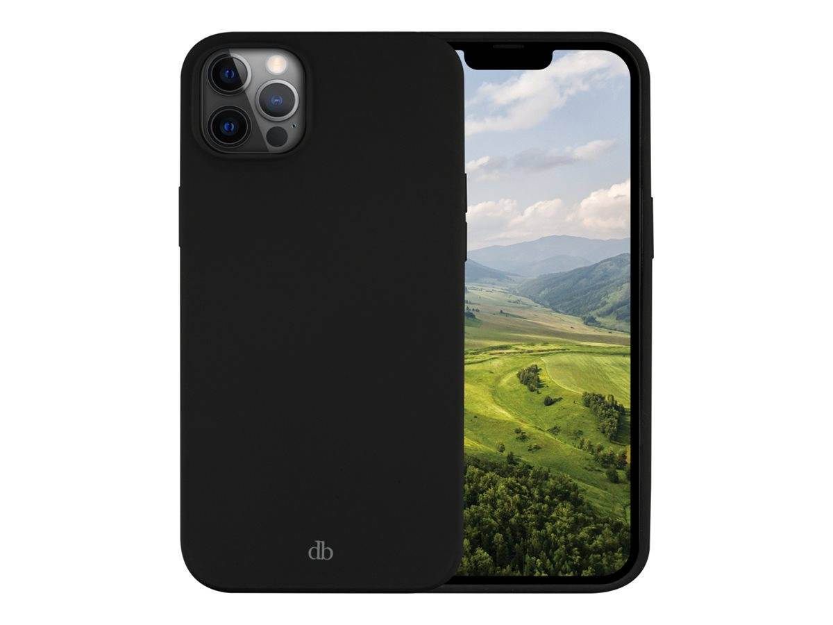 Schwarze Smartphone-Schutzhülle mit erhöhtem Kameraausschnitt, vorne und hinten an einem Telefon gezeigt; der Bildschirm zeigt eine grüne Berglandschaft.