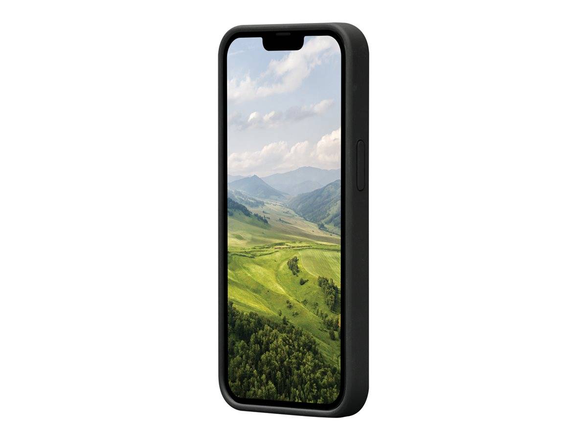 Schwarzes Smartphone vertikal ausgerichtet, auf dem Bildschirm wird eine malerische Bergtallandschaft angezeigt.