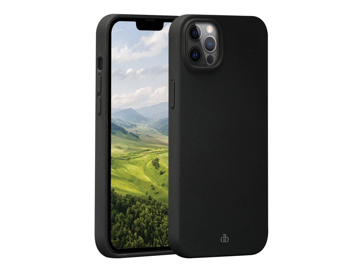 Schwarze Smartphone-Hülle auf einem iPhone gezeigt, mit einer Landschaftstapete auf dem Bildschirm und einer Dreifach-Kameraaussparung auf der Rückseite.