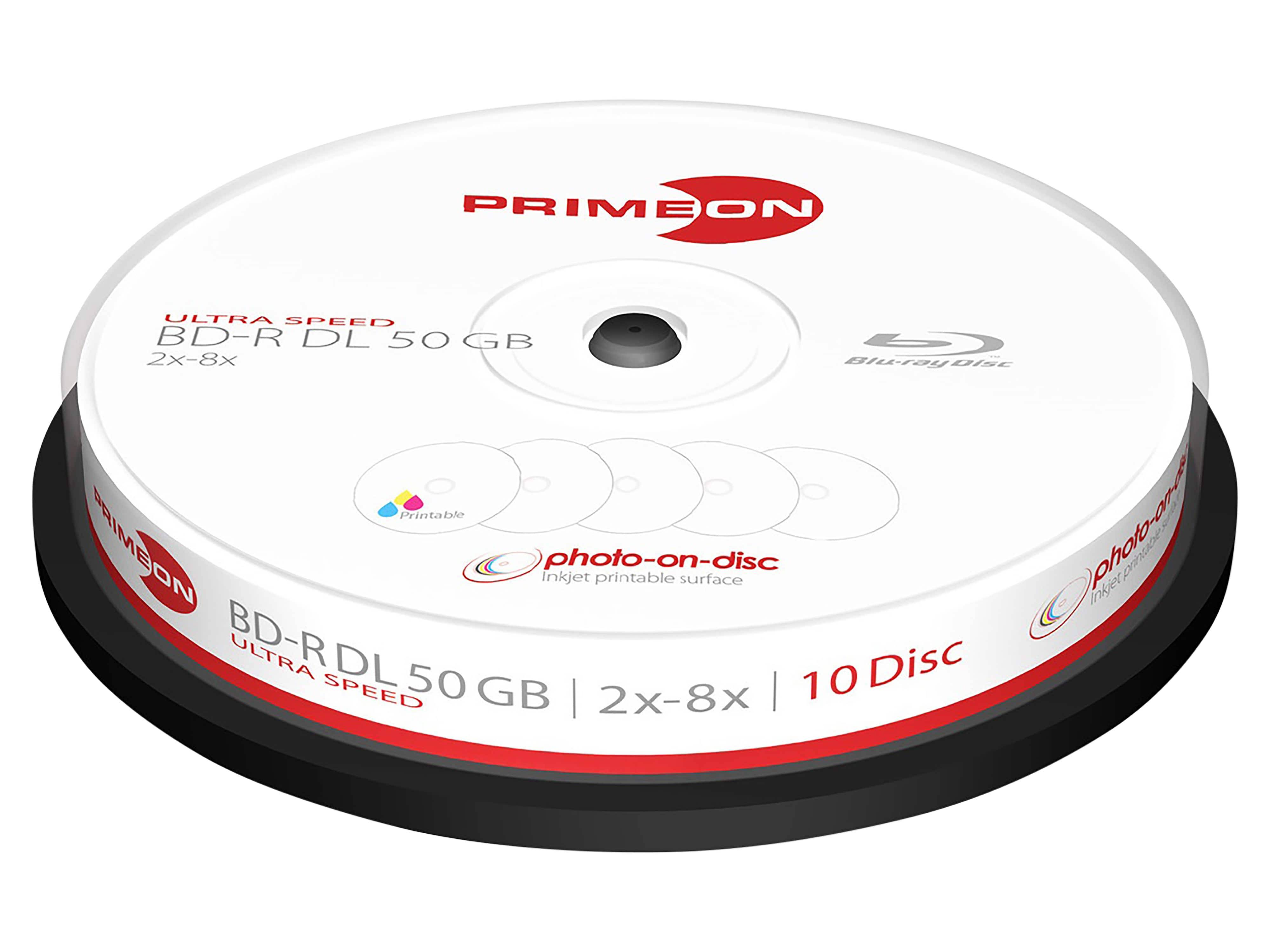 PRIMEON BD-Rohling BD-R DL 50GB 2-8x Cakebox 10 Stück printable