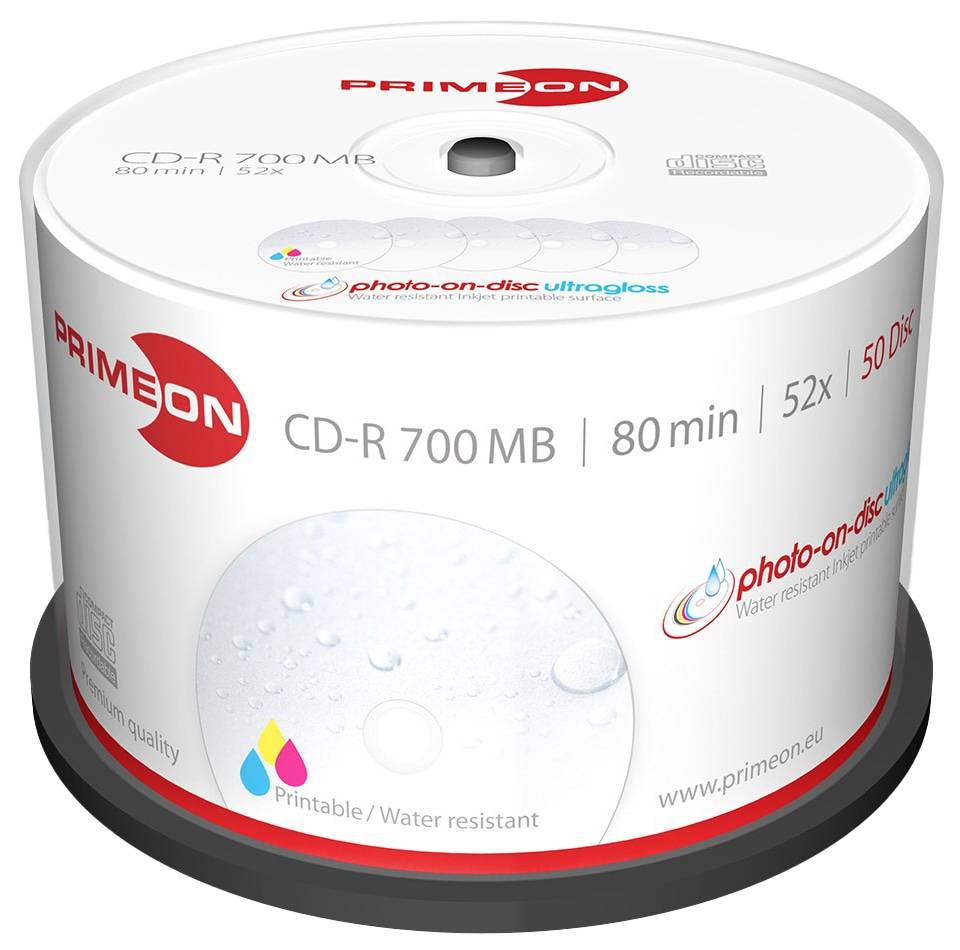 PRIMEON CD-Rohling CD-R 80Min 700MB 52X Cakebox 50 Stück printable ultragloss