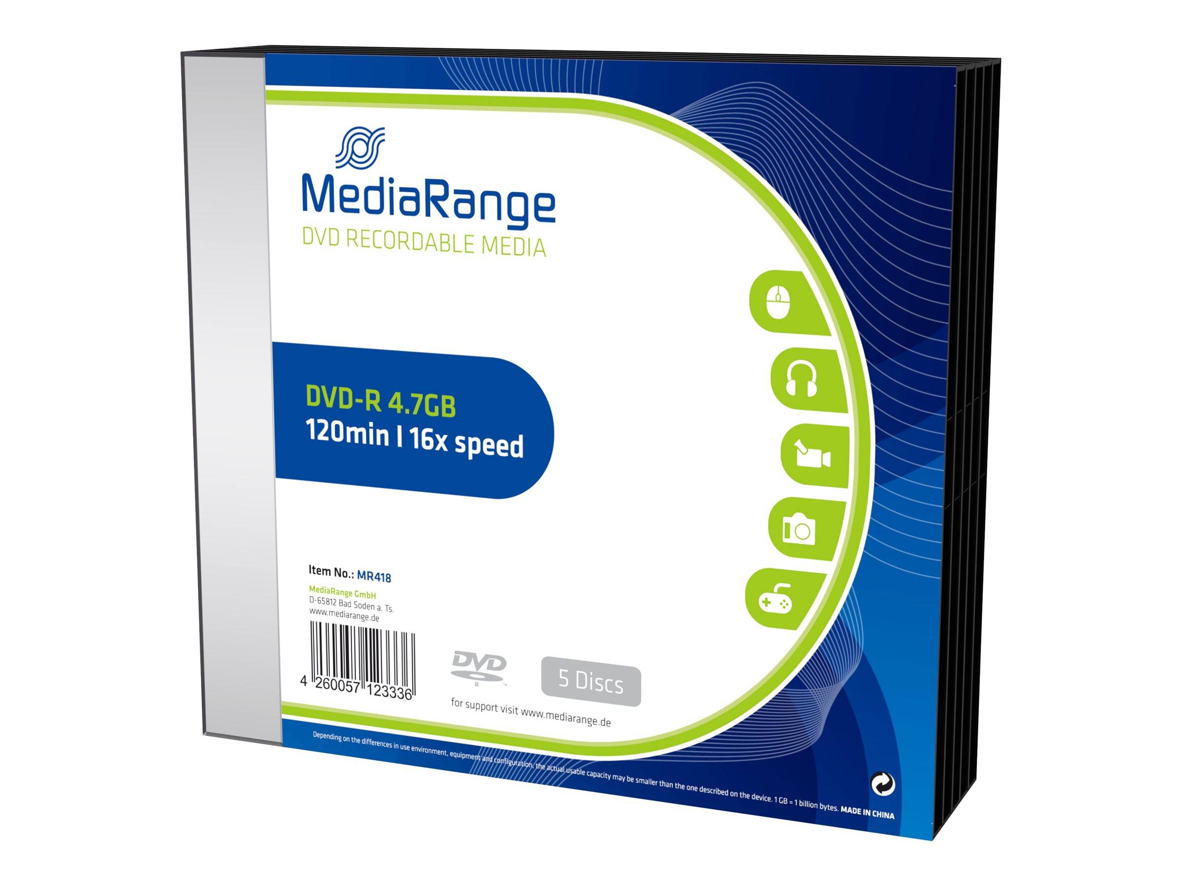Ein MediaRange DVD-Rohmaterial-Paket für 5 Scheiben, beschriftet mit DVD-R 4,7GB, 120Min, 16x Geschwindigkeit.