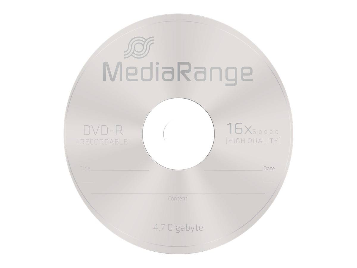 Eine leere silberne MediaRange DVD-R-Disc mit der Aufschrift „DVD-R Recordable