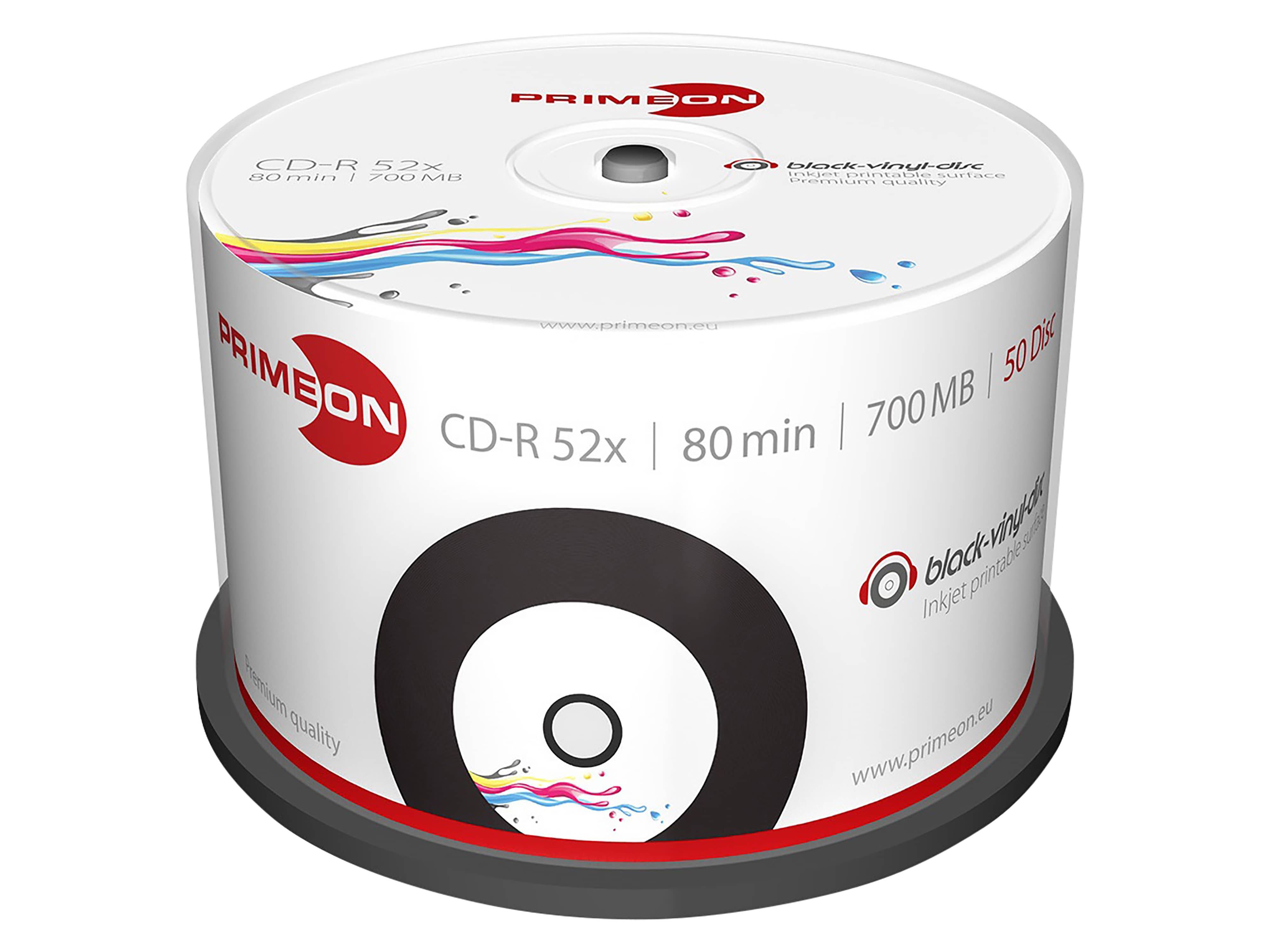 PRIMEON CD-Rohling CD-R 80Min 700MB 52X Cakebox 50 Stück black Vinyl printable