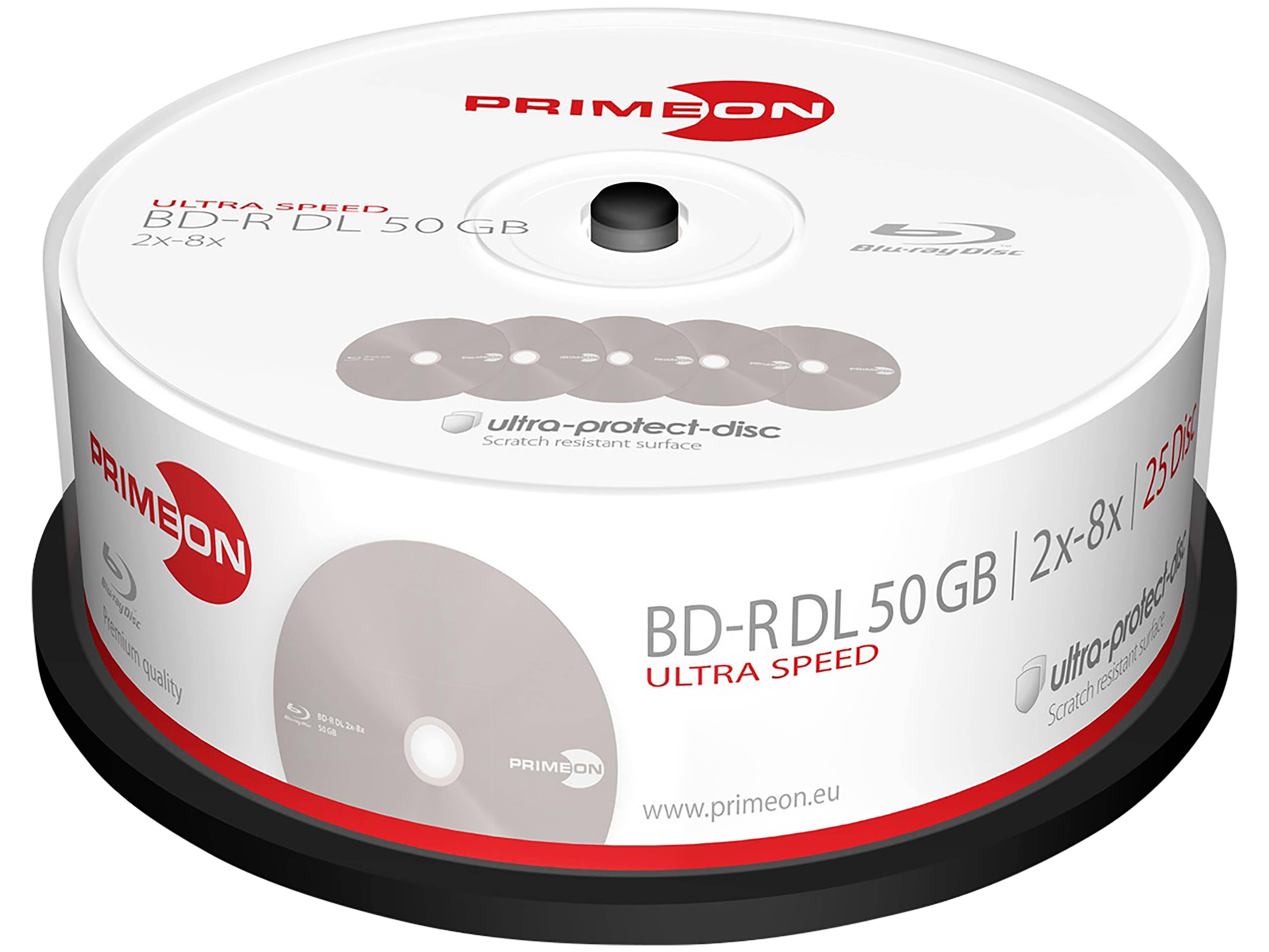 PRIMEON BD-Rohling BD-R DL 50GB 2-8x Cakebox 25 Stück