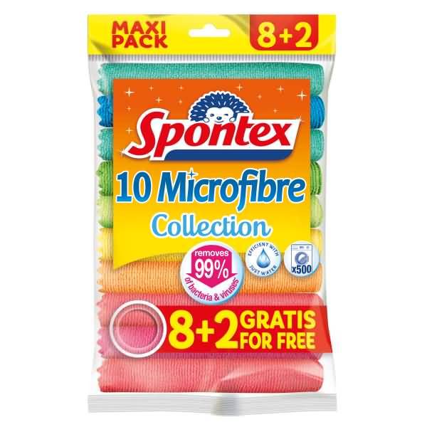 Paket Spontex '10 Microfibre Collection' Tücher, gekennzeichnet mit '8+2 gratis kostenlos' und 'entfernt 99% der Bakterien & Viren'.