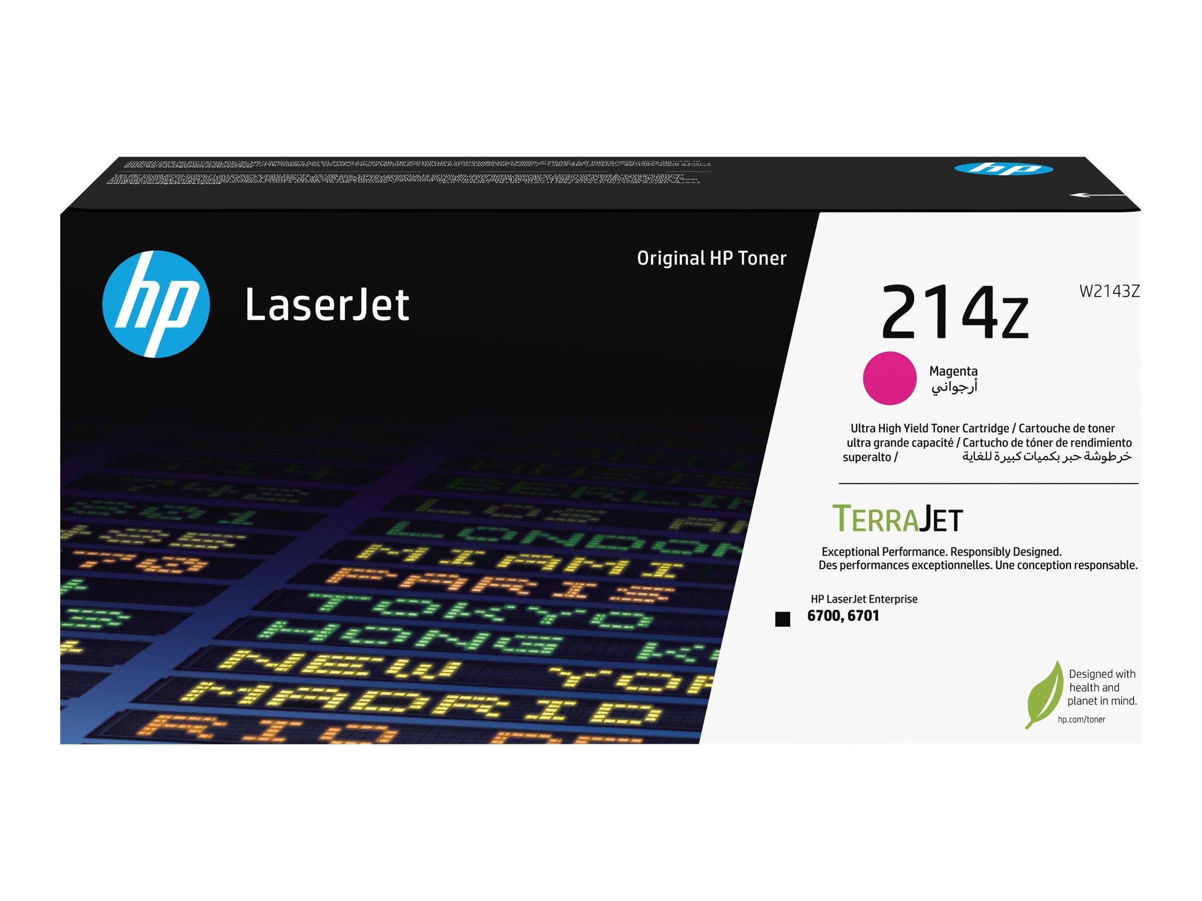 Das Bild zeigt einen HP LaserJet Original Toner, Modell 214Z, für Unternehmensanwendungen. Es hebt die Farbe Magenta und die TerraJet-Leistung hervor.