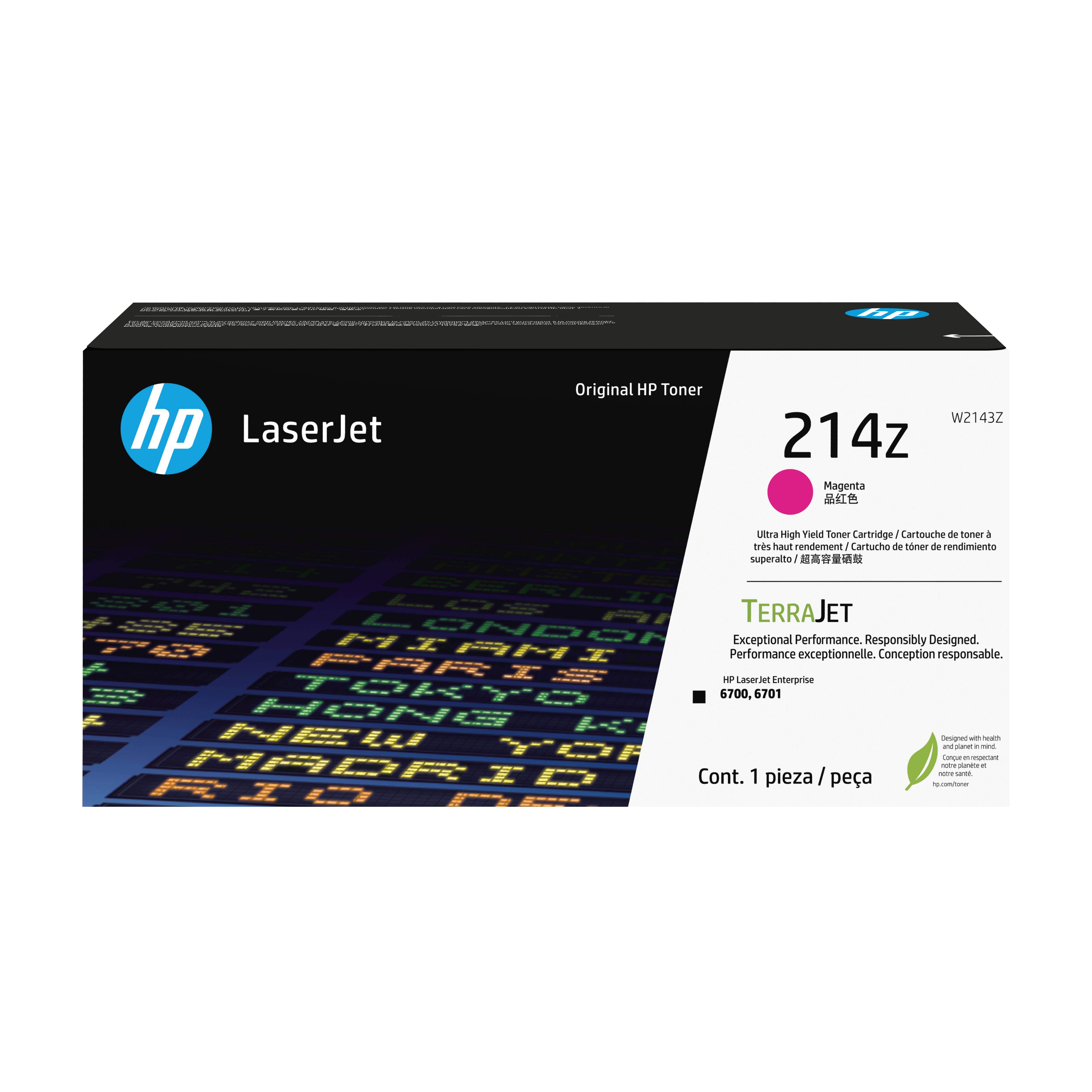 HP LaserJet 214z Magenta Original-HP-Tonerkartusche, Verpackung mit der Bezeichnung TerraJet und 'Cont. 1 pieza / peça'.