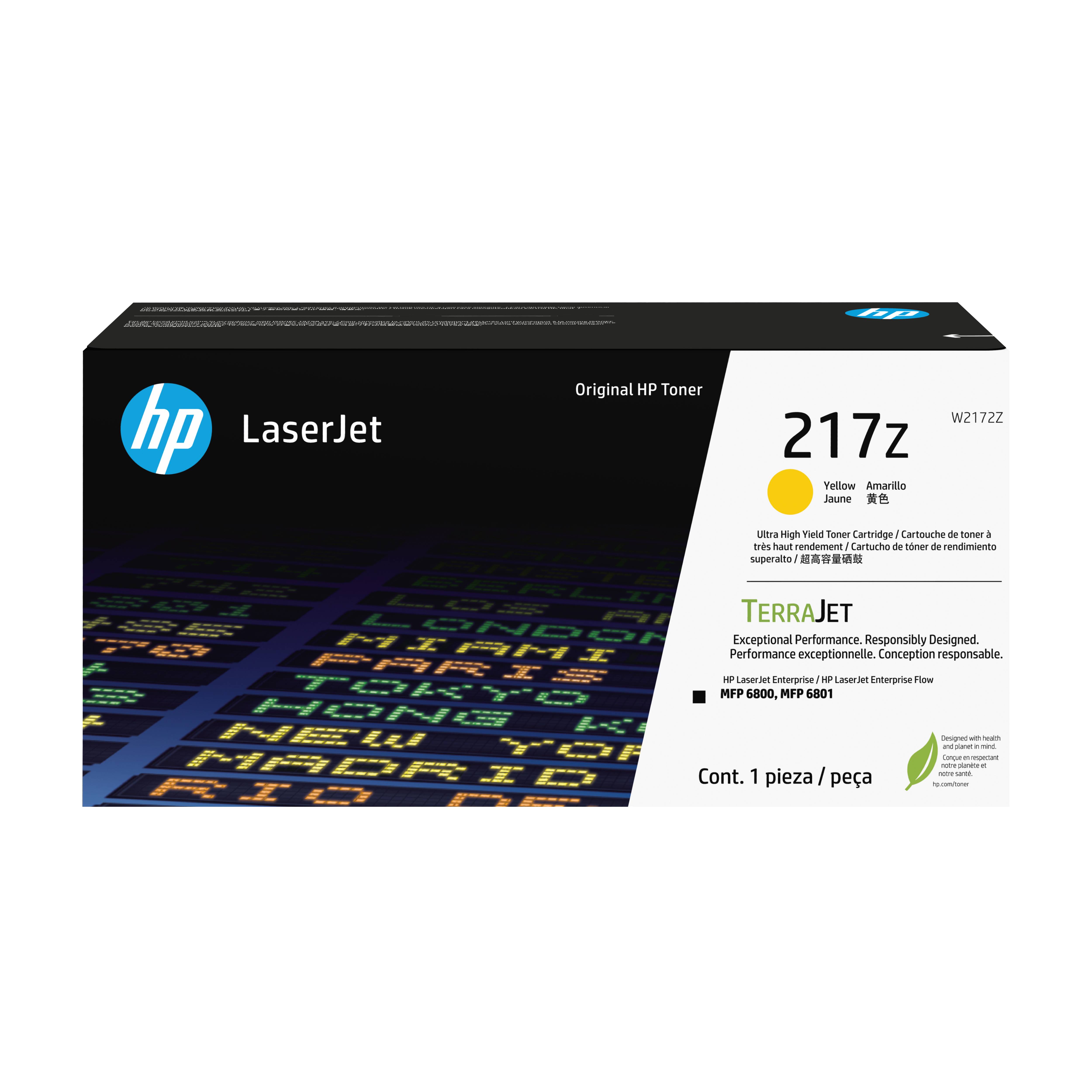 HP LaserJet 217Z Gelber Tonerkartusche Box mit TerraJet-Branding und Text 'Cont. 1 pieza / peca'.