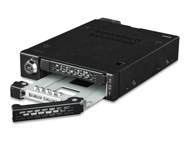 Schwarzes Server-Speichermodul mit zwei auswechselbaren Laufwerksschächten, die teilweise aus der Vorderseite ausgefahren sind