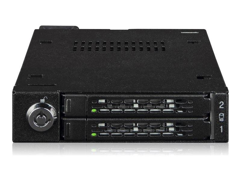 Schwarzes Rack-Gehäuse mit zwei Festplattenschächten, Frontverriegelung und Statusleuchten, mit beschrifteten Festplattenschächten 1 und 2.