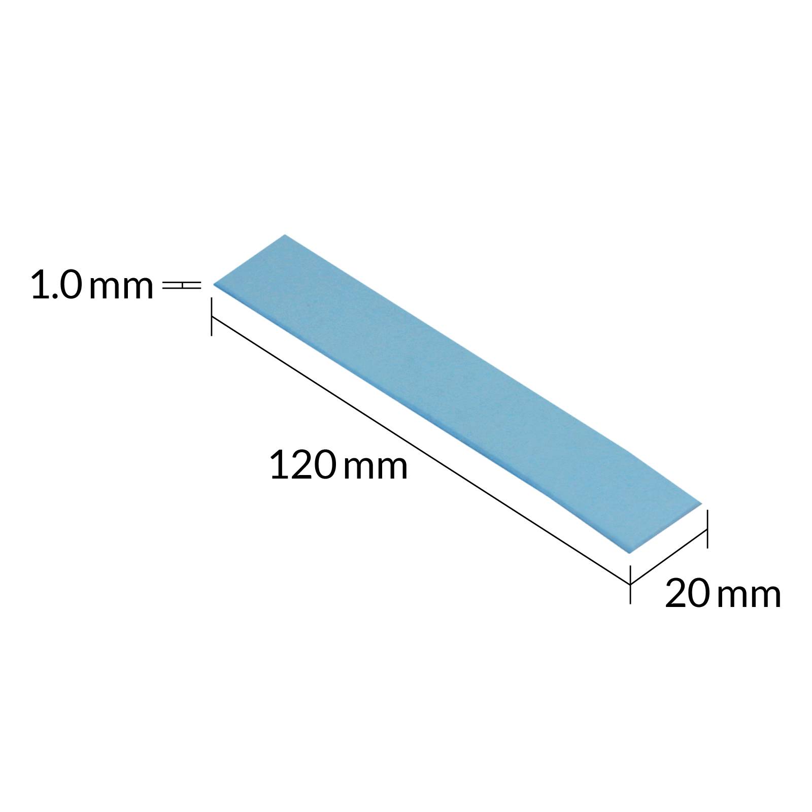 Diagramm eines dünnen blauen rechteckigen Streifens mit einer Länge von 120 mm, einer Breite von 20 mm und einer Dicke von 1,0 mm.