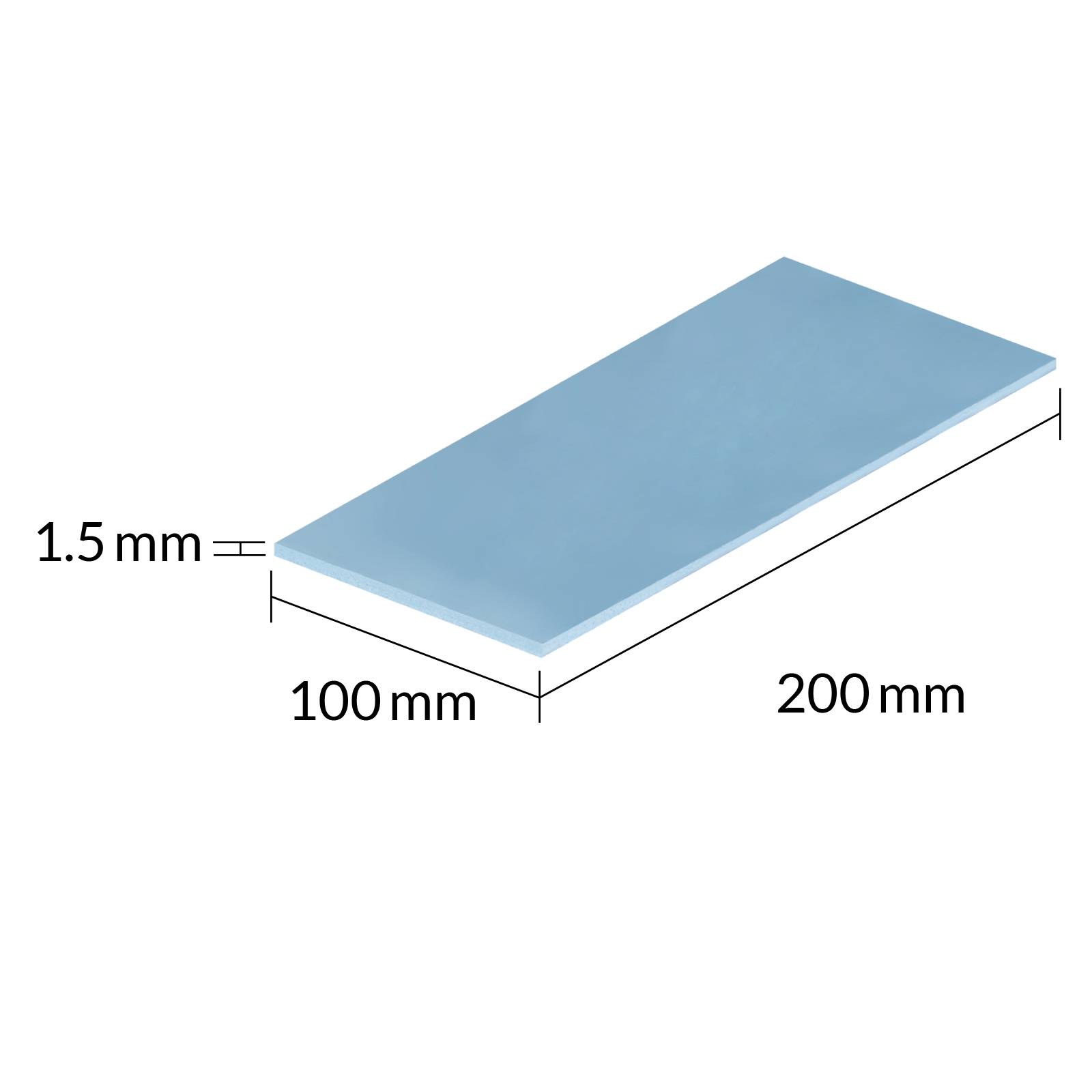 Diagramm eines dünnen rechteckigen Blechs mit den Abmessungen 200 mm Länge, 100 mm Breite und 1,5 mm Dicke.