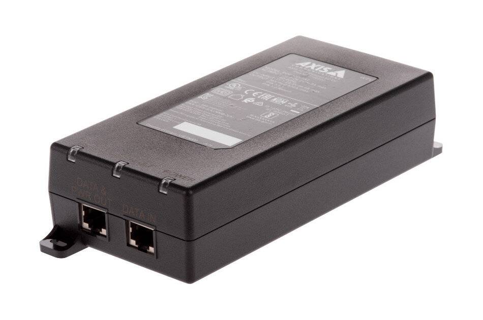 Schwarzer Axia-Netzwerk-Stromadapter mit zwei vorderen Ethernet-Anschlüssen, dargestellt auf weißem Hintergrund.